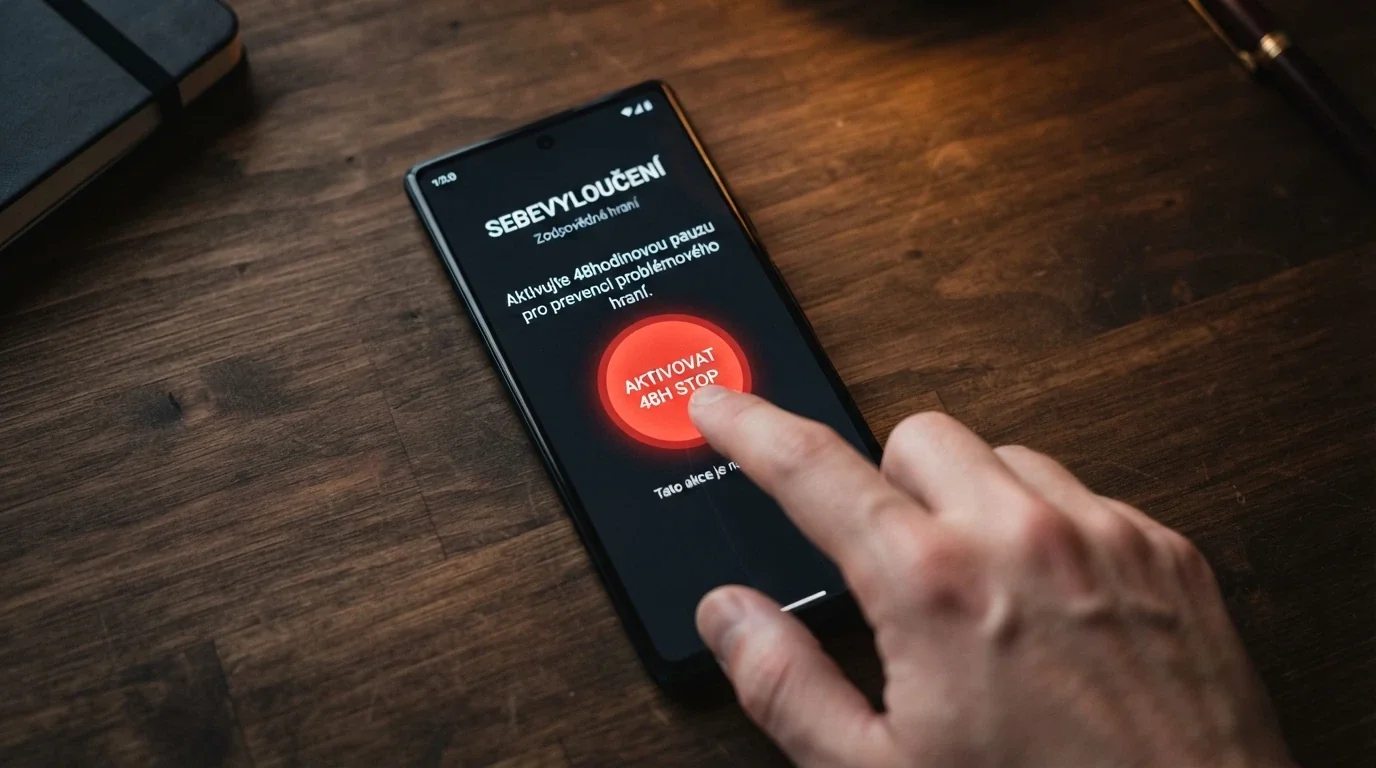 Uživatelské rozhraní s nastavením herních limitů a výrazným červeným tlačítkem panic button