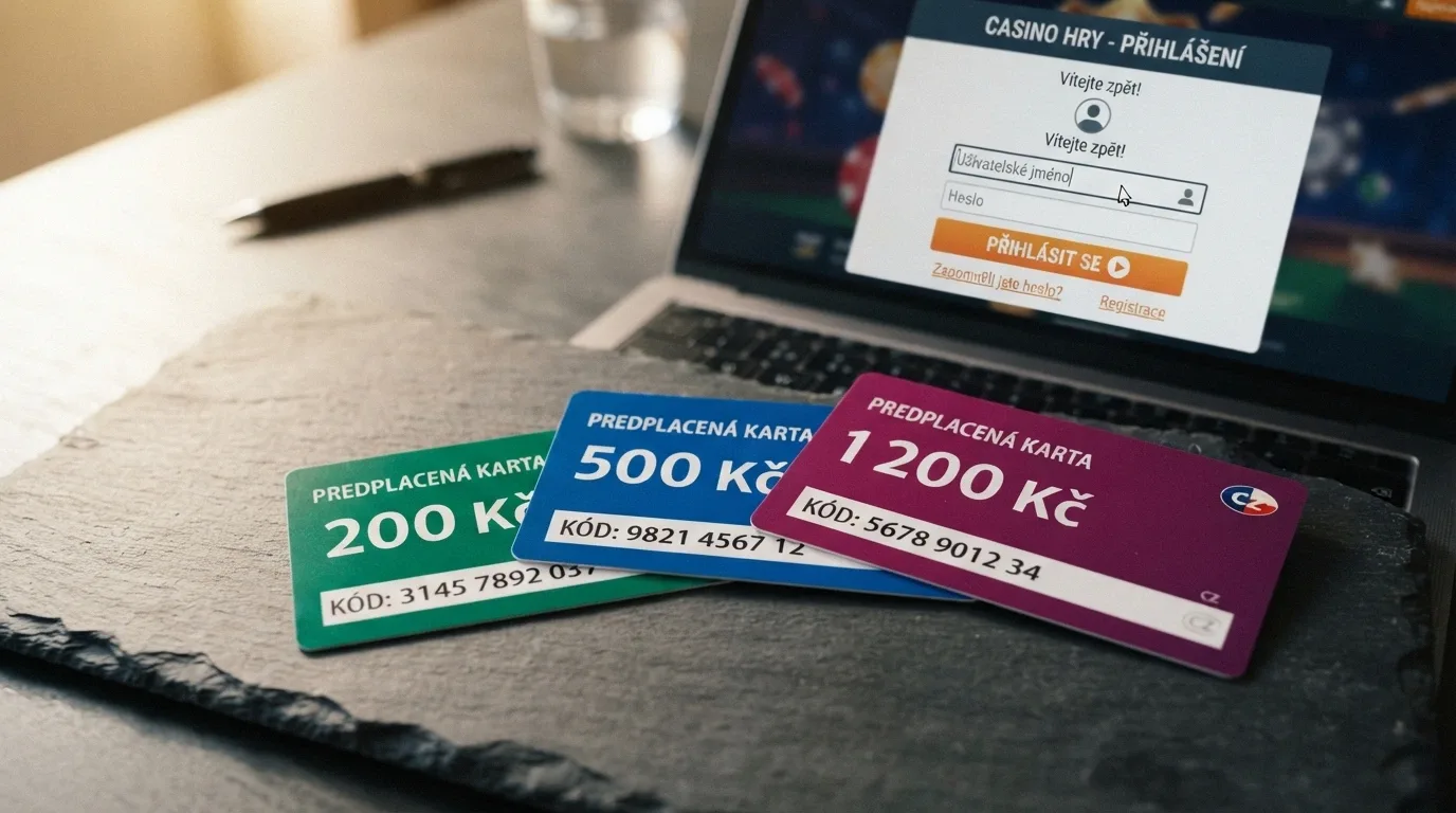 Rozložené Paysafecard kupóny v hodnotách 200 Kč, 500 Kč a 1 200 Kč vedle obrazovky s přihlášením do casina