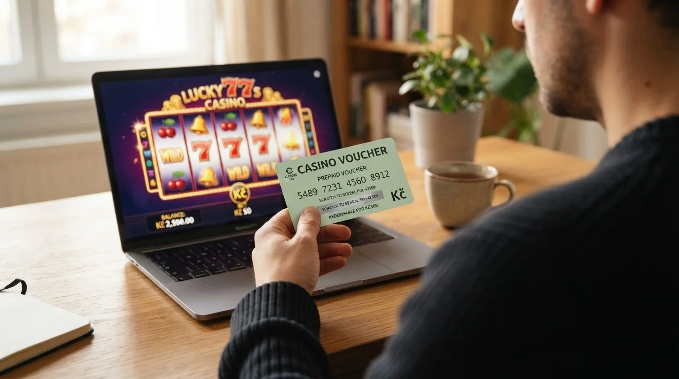 Hráč držící Paysafecard kupón před obrazovkou s otevřeným kasinem