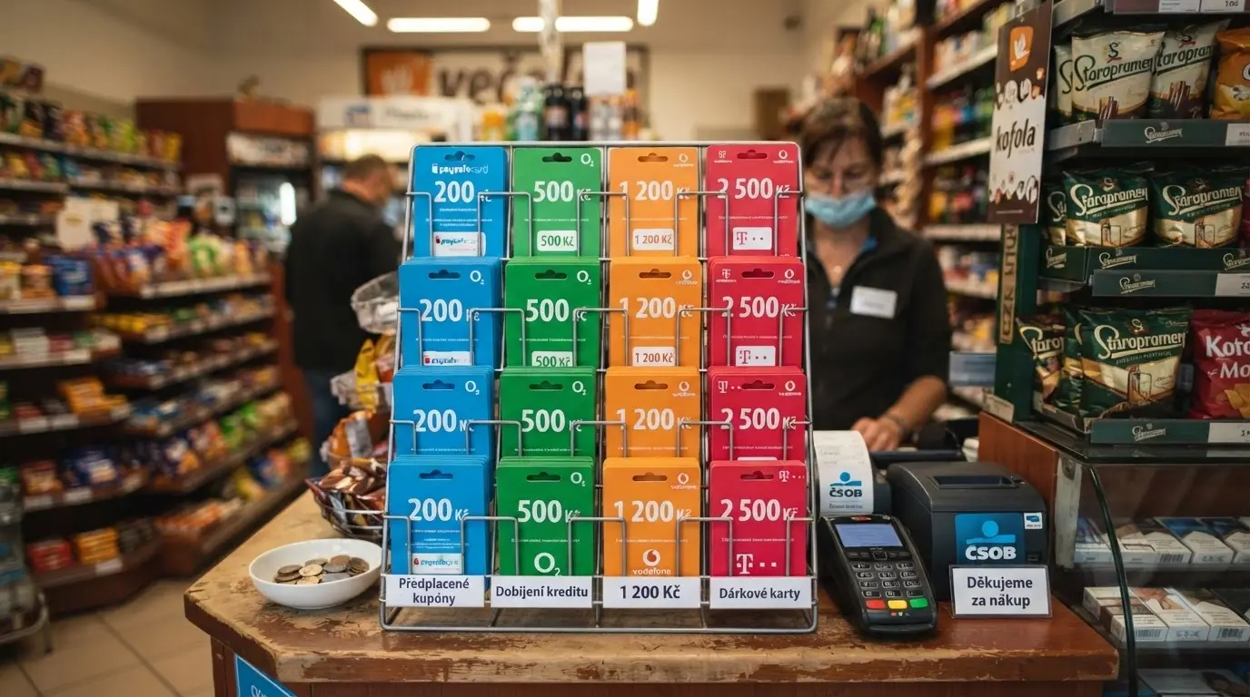 Nákupní stojan s Paysafecard kupóny v české trafice nebo supermarketu
