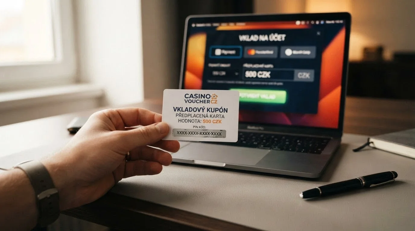 Ruka drží Paysafecard s neviditelným PIN kódem, na pozadí obrazovka s casino pokladnou