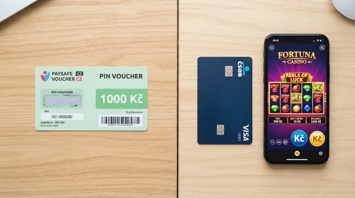 Rozcestník: Paysafecard kupón na jedné straně, platební karta a mobil na druhé