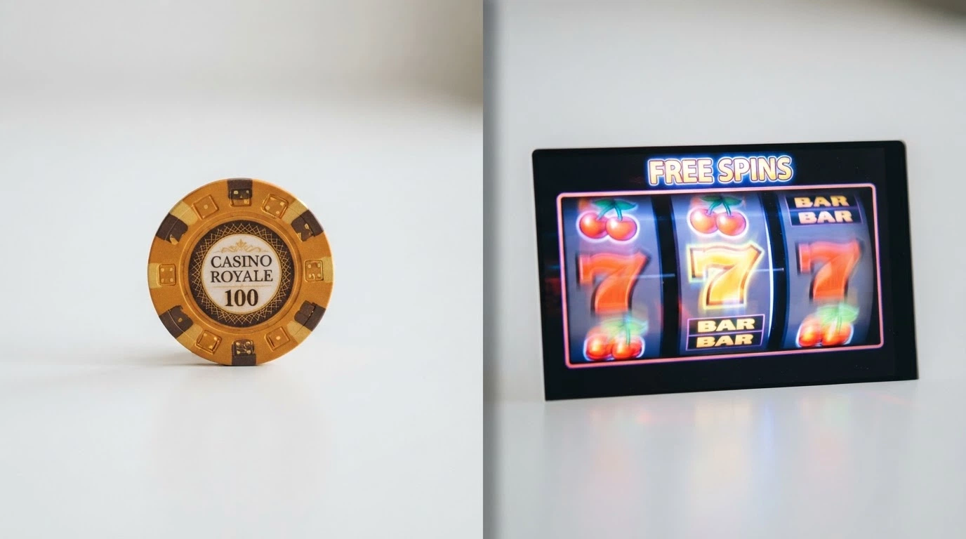 Dvě kontrastní symboly — mince představující cash bonus a otáčející se válce automatu pro free spiny