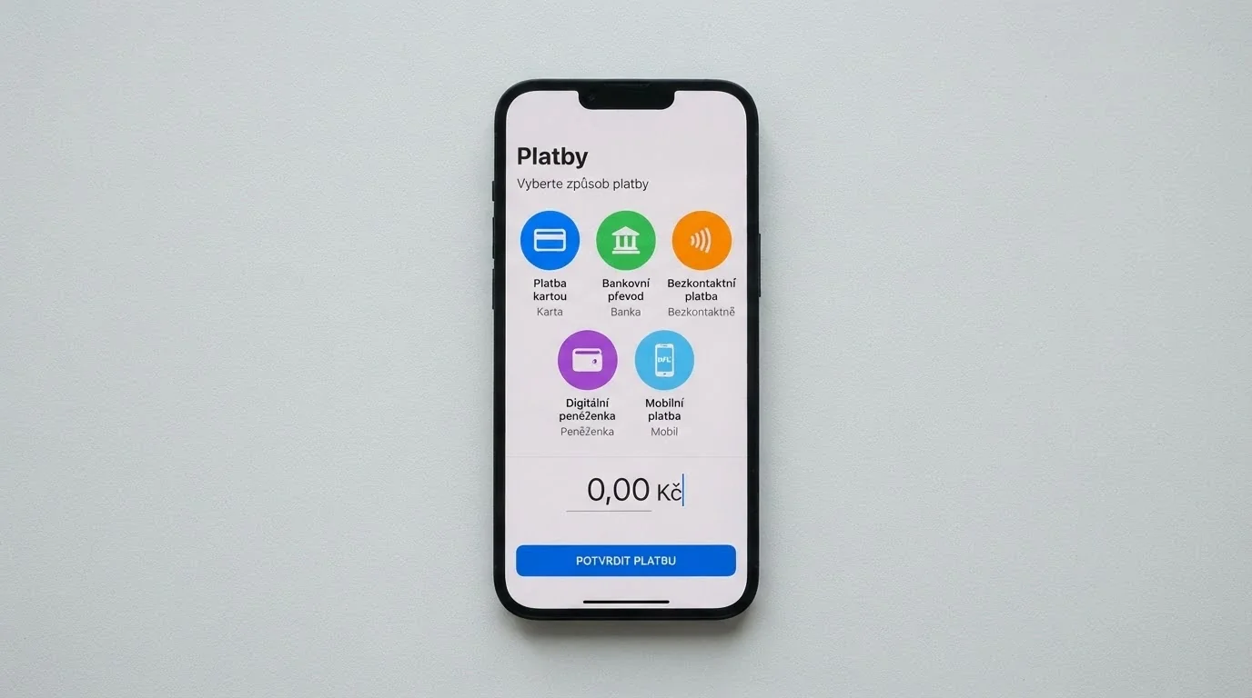 Mobilní telefon s výběrem ikon platebních metod — Google Pay, Apple Pay, platební karta, bankovní převod a SMS platba