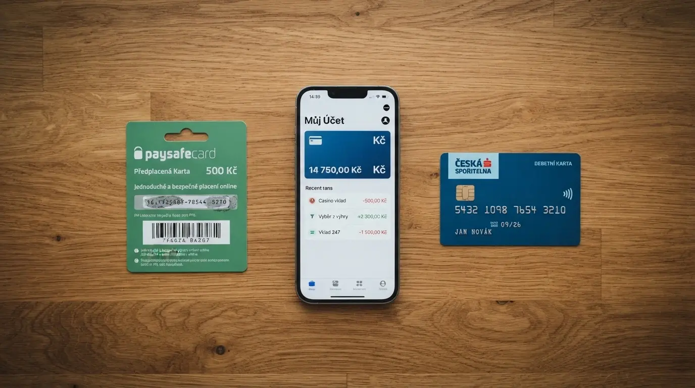 Paysafecard kupón, mobil s aplikací Skrill a platební karta položené na stole — tři hlavní způsoby plateb v českých online casinech