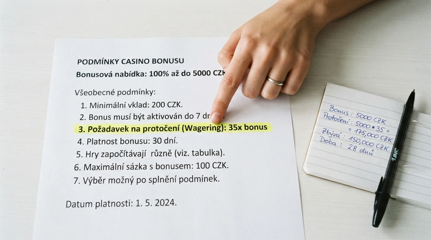 detailní pohled na podmínky bonusu v českém online casinu — zvýrazněný řádek s násobkem protočení