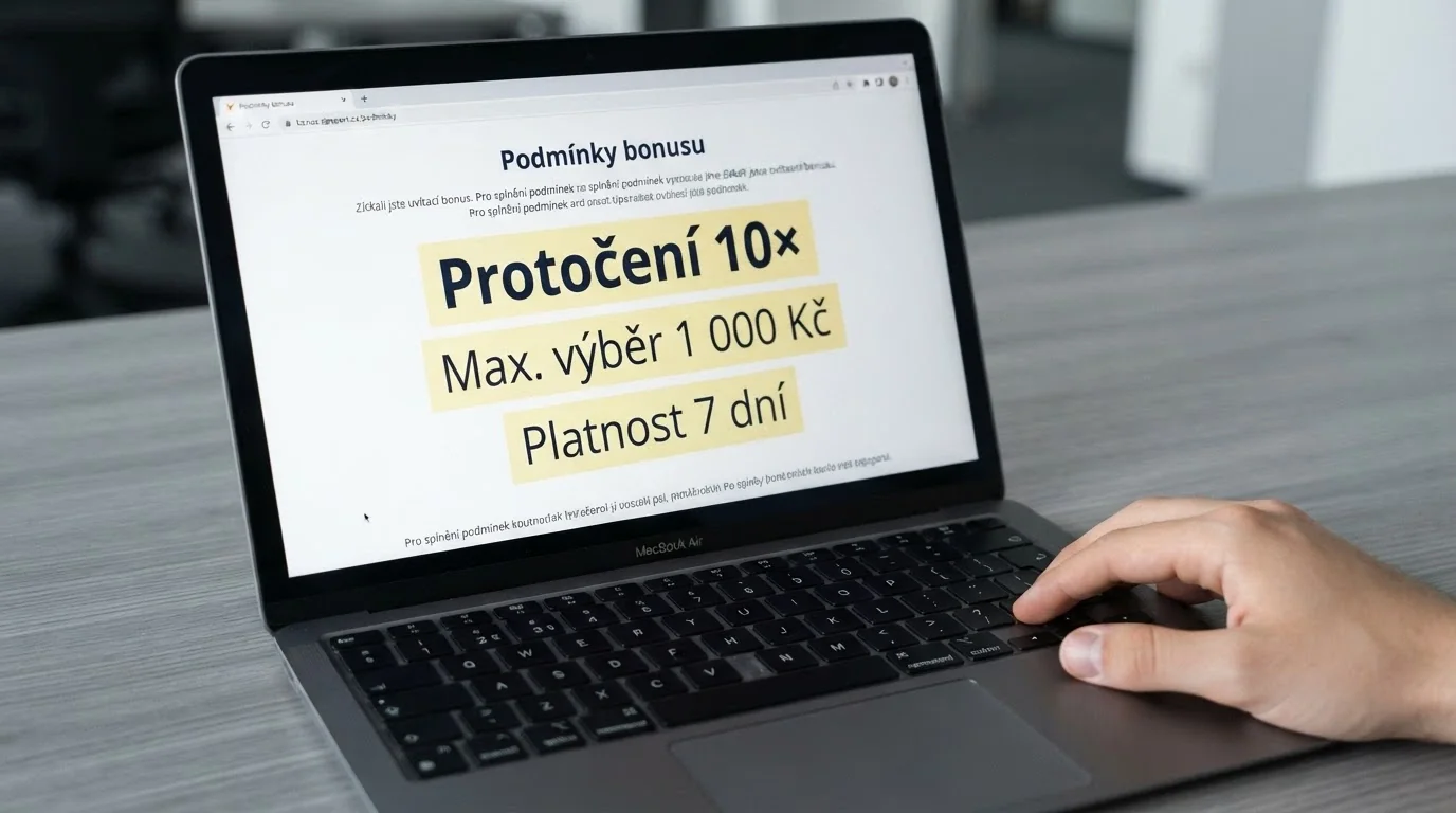 Detail podmínek bonusu na obrazovce — zvýrazněné řádky o protočení, maximálním výběru a expiraci