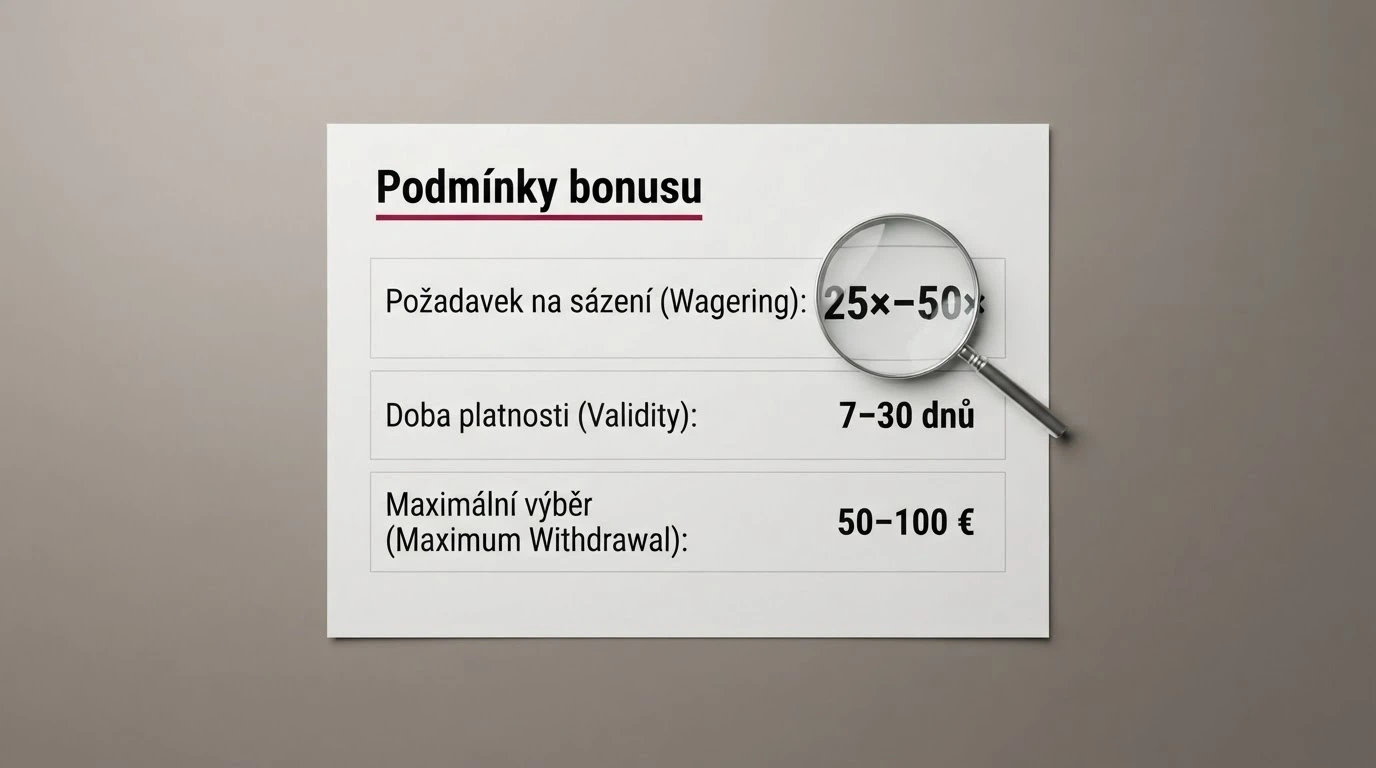 Zvětšená sekce bonusových podmínek s vyznačenými údaji o protočení, platnosti a maximálním výběru