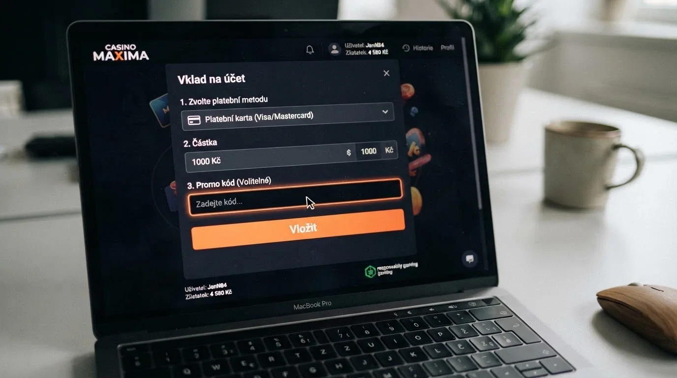 Detailní pohled na rozhraní online casina — kurzor myši ukazuje na pole pro zadání promo kódu v sekci Vklad