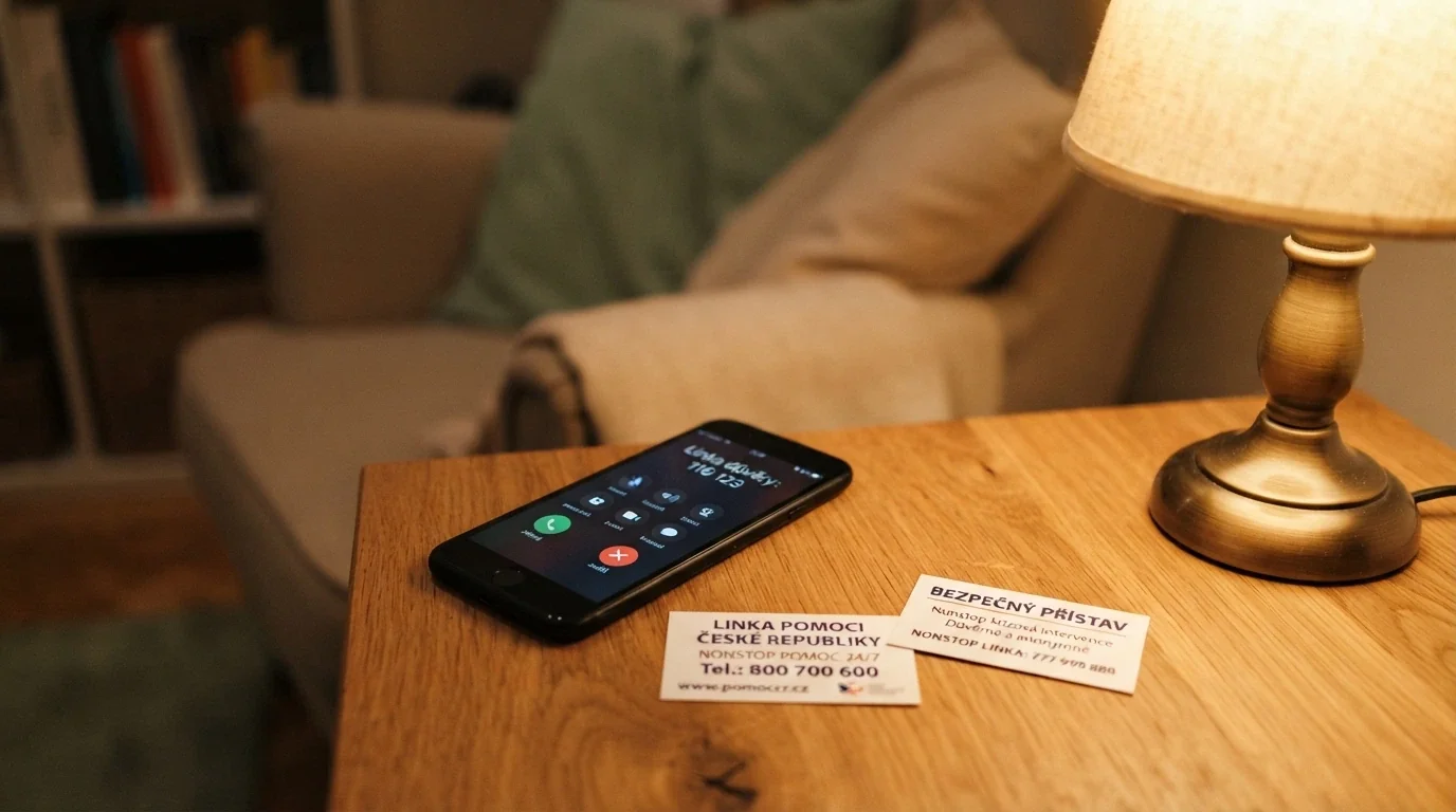Telefonní sluchátko na lince důvěry, vedle něj vizitka s kontakty Národní linky pro odvykání a NONSTOP služby Naberte kurz