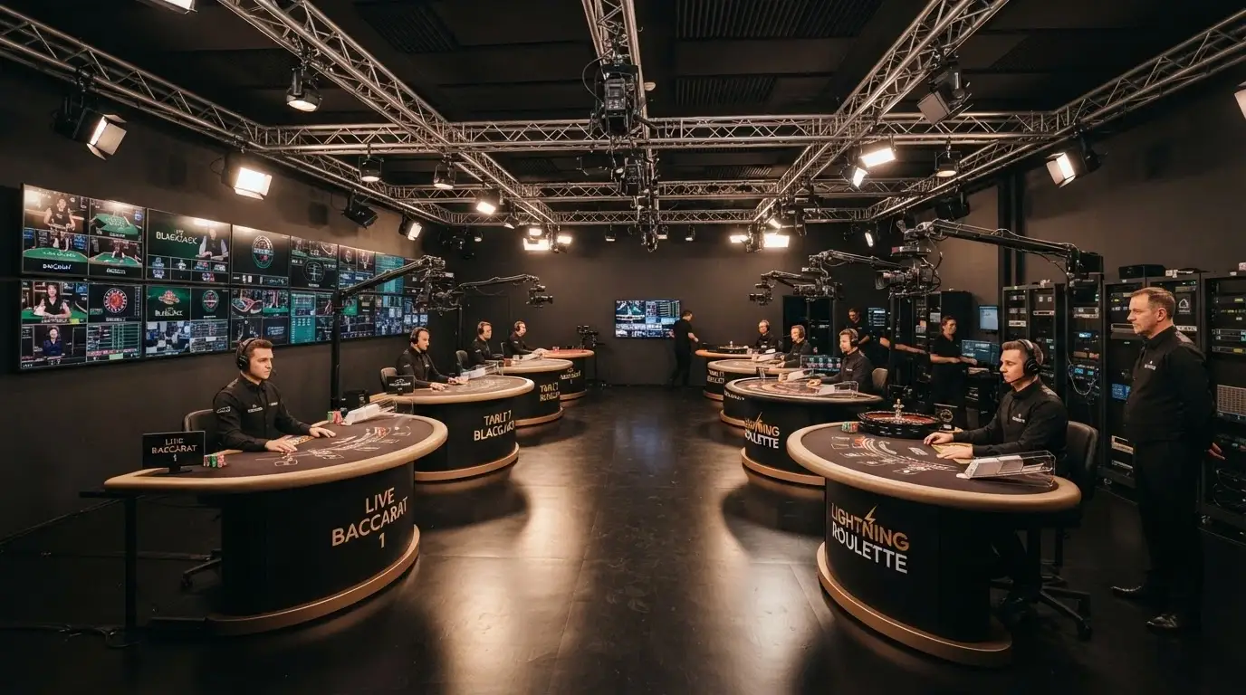 Interiér profesionálního live casino studia Evolution s více stoly a kamerovou technikou