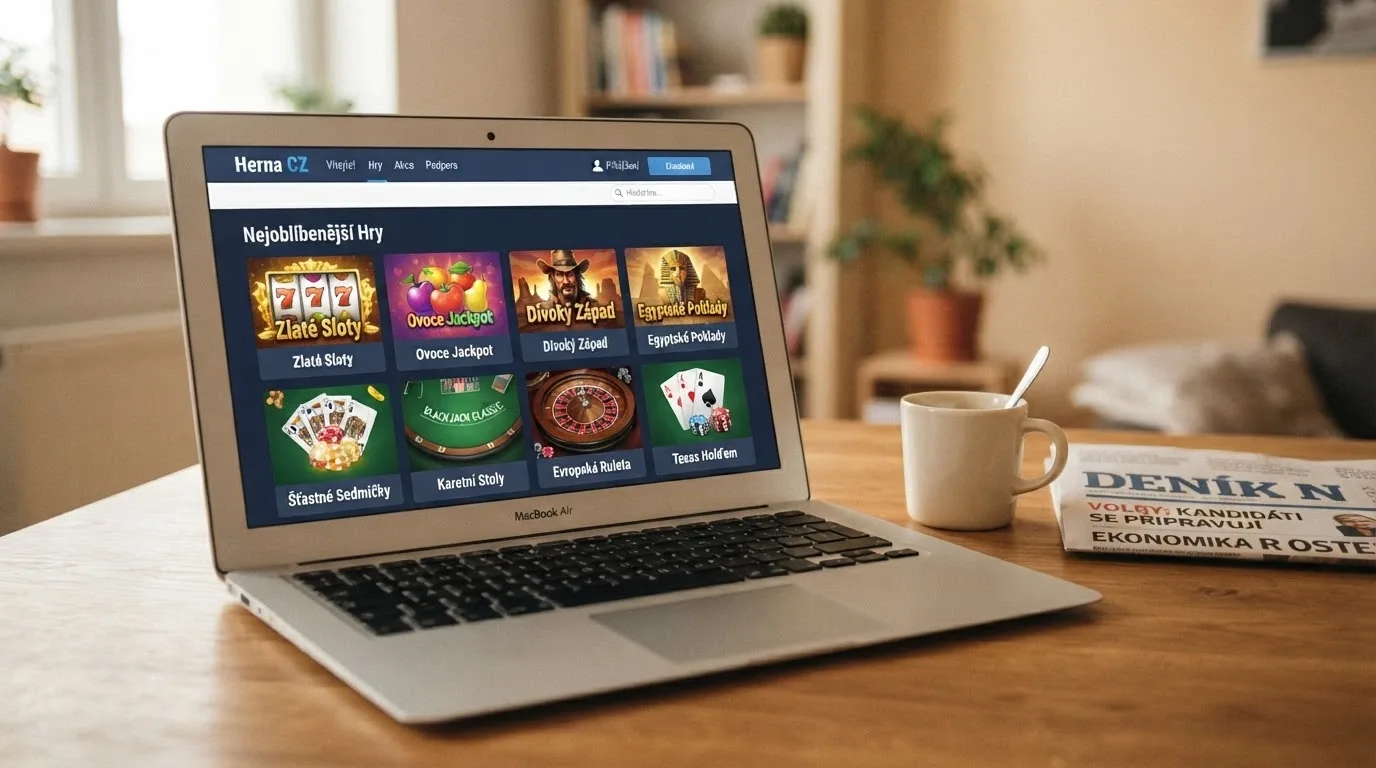 Koláž logotypů a rozhraní licencovaných online kasin na displeji notebooku
