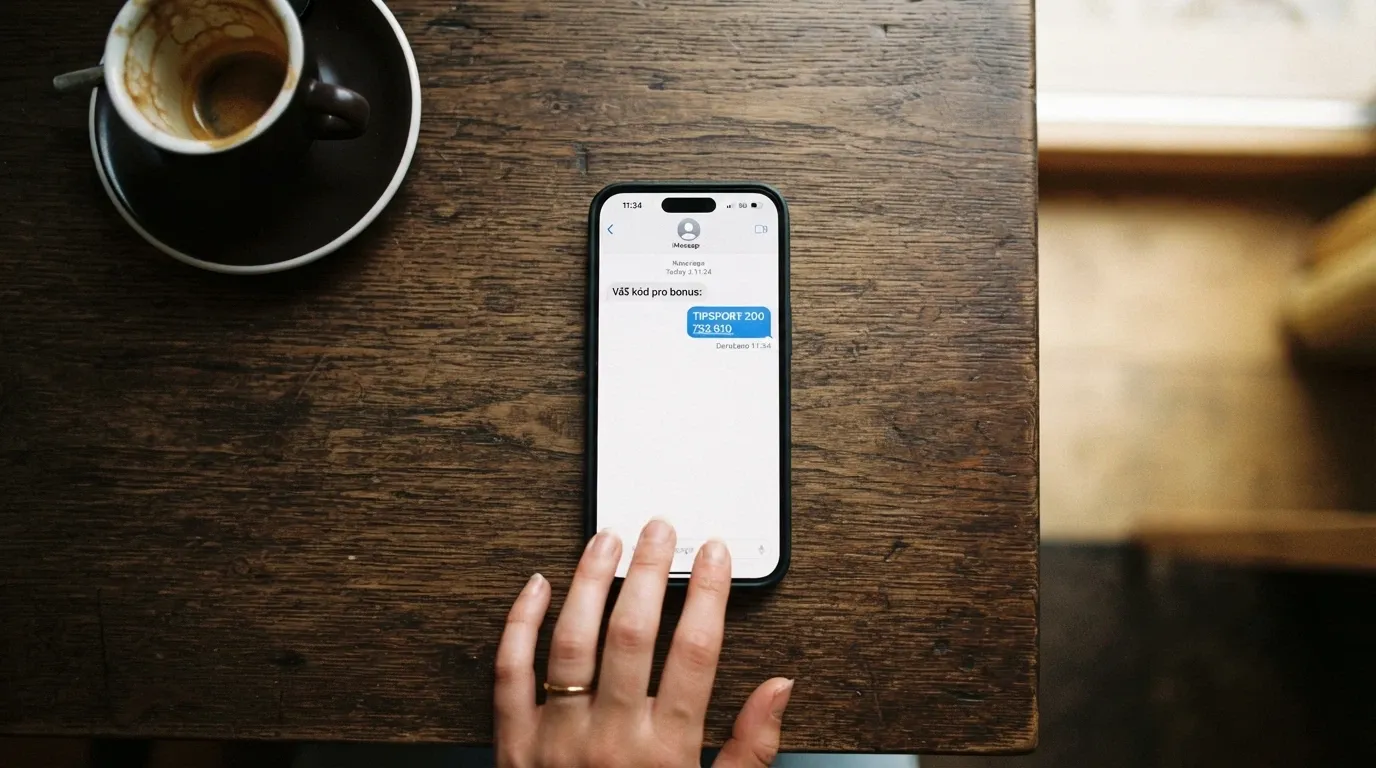 Mobilní telefon s obrazovkou odeslané SMS na číslo 90211 ve tvaru TIPSPORT 200