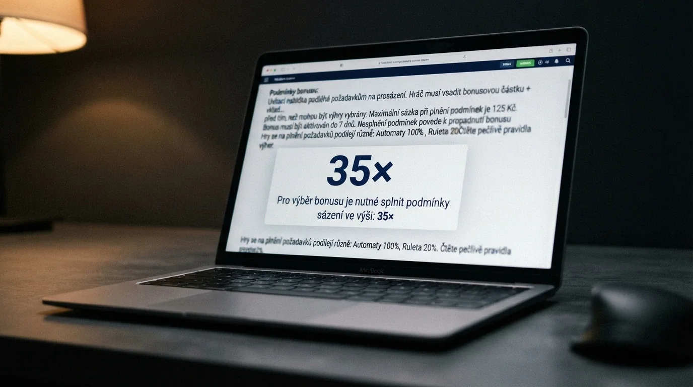 Detailní pohled na podmínky bonusu v českém casinu se zvýrazněným požadavkem na protočení (např. 35×)