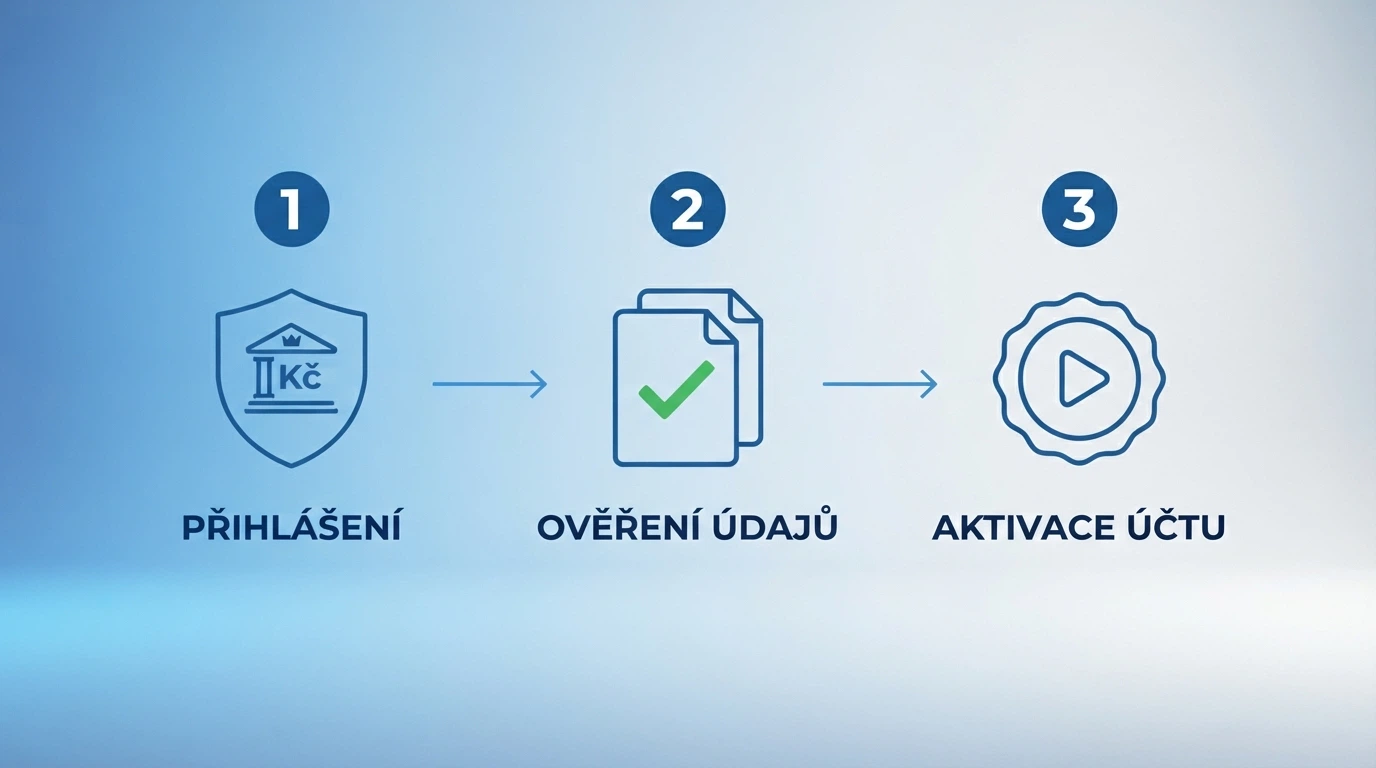 Tříkrokový diagram registrace: přihlášení do banky, potvrzení předání údajů, aktivovaný herní účet