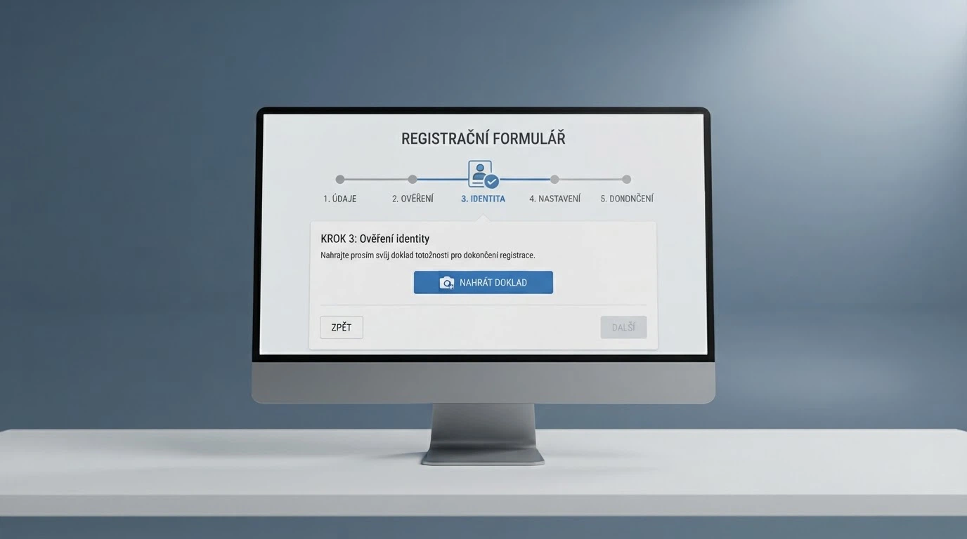 Monitor zobrazující registrační formulář českého online casina s krokem ověření BankID