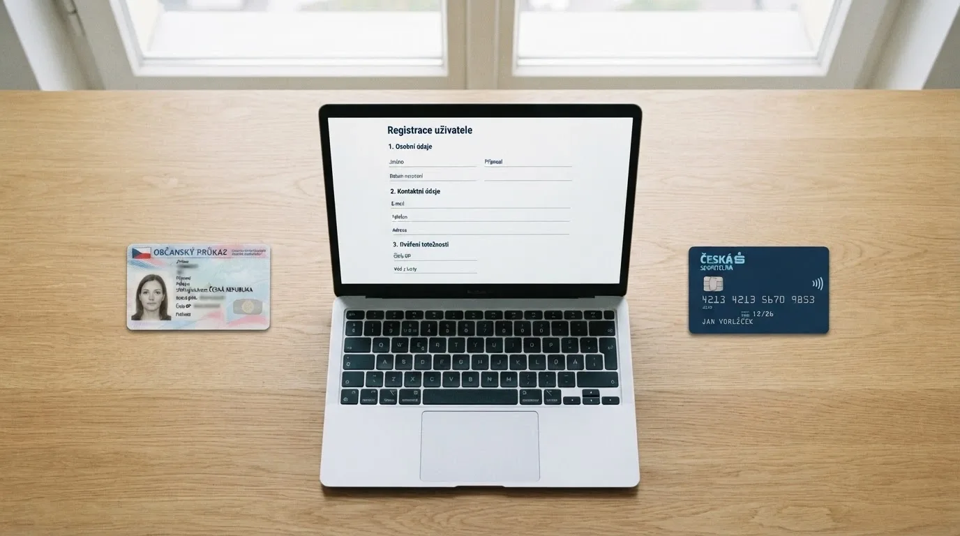 Displej notebooku s registračním formulářem online casina, vedle položený občanský průkaz a platební karta