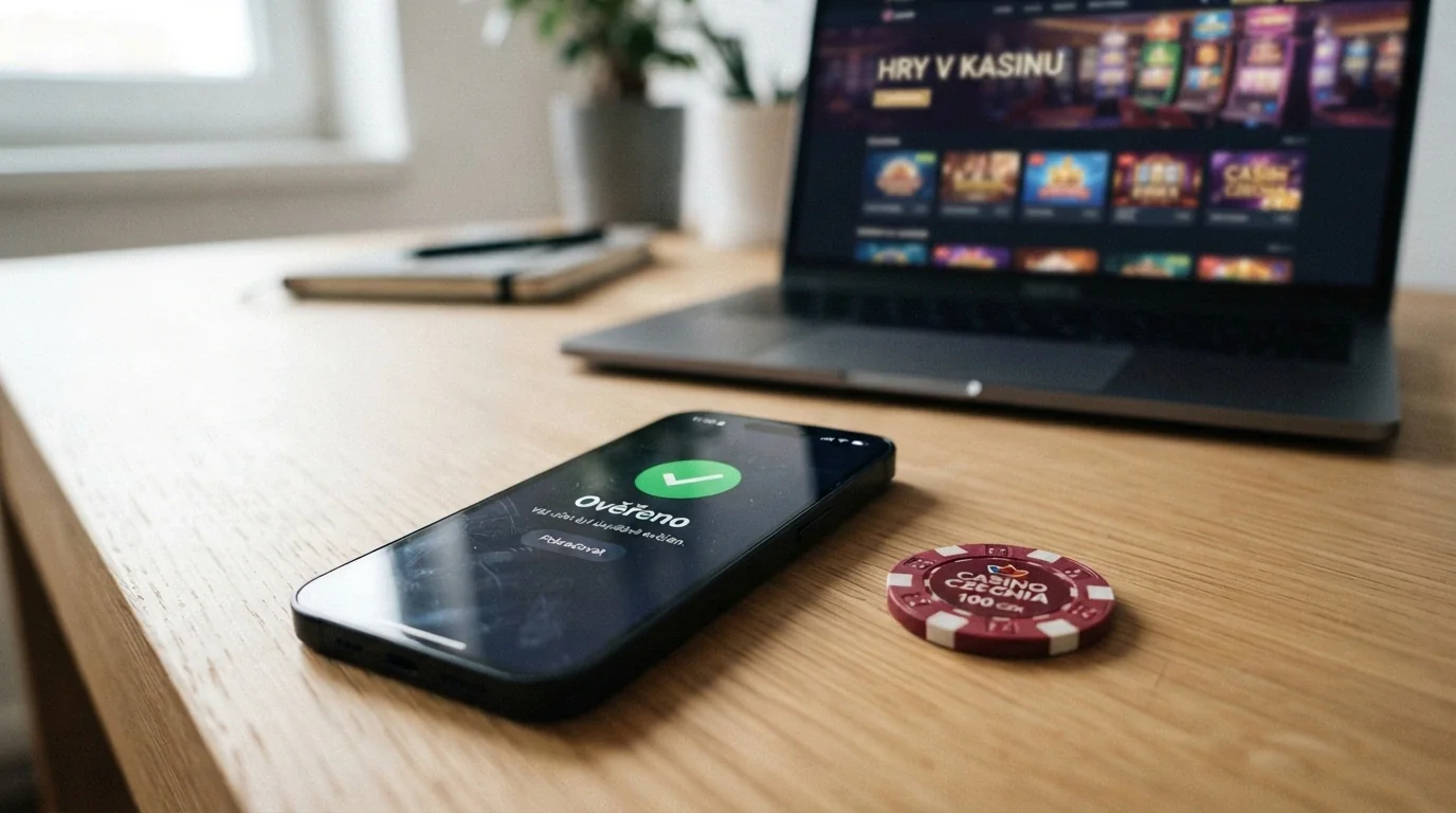 Mobilní telefon s obrazovkou BankID, vedle něj občanský průkaz, na pozadí rozhraní online casina