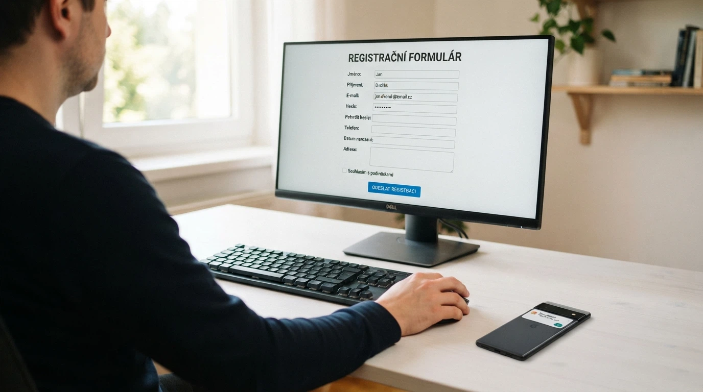 Ruka vyplňující registrační formulář na monitoru, vedle něj mobil s notifikací o připsaném bonusu