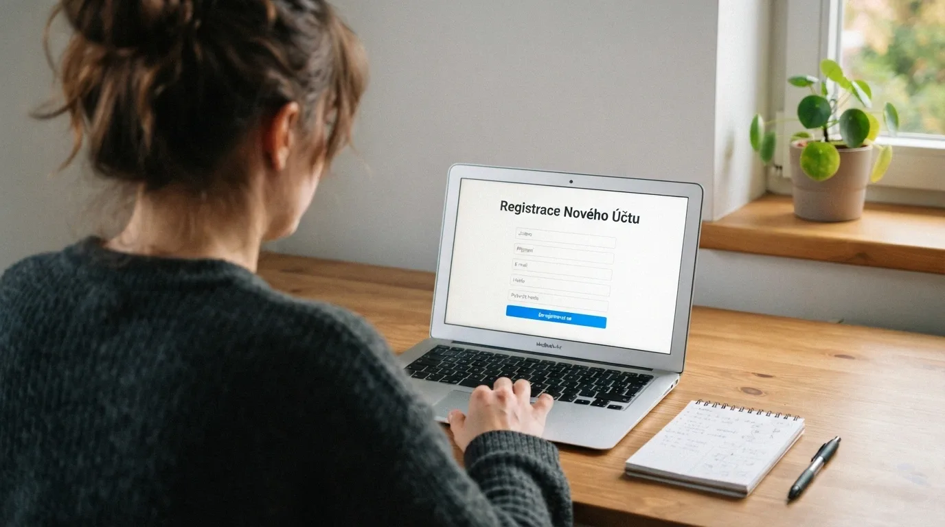 Hráč vyplňující registrační formulář online casina na notebooku, na obrazovce uvítací nabídka