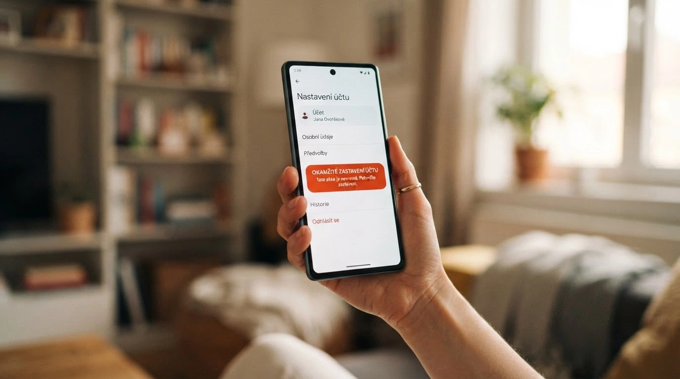 Mobilní telefon s otevřenou stránkou herního konta, na které je zvýrazněné tlačítko panic button