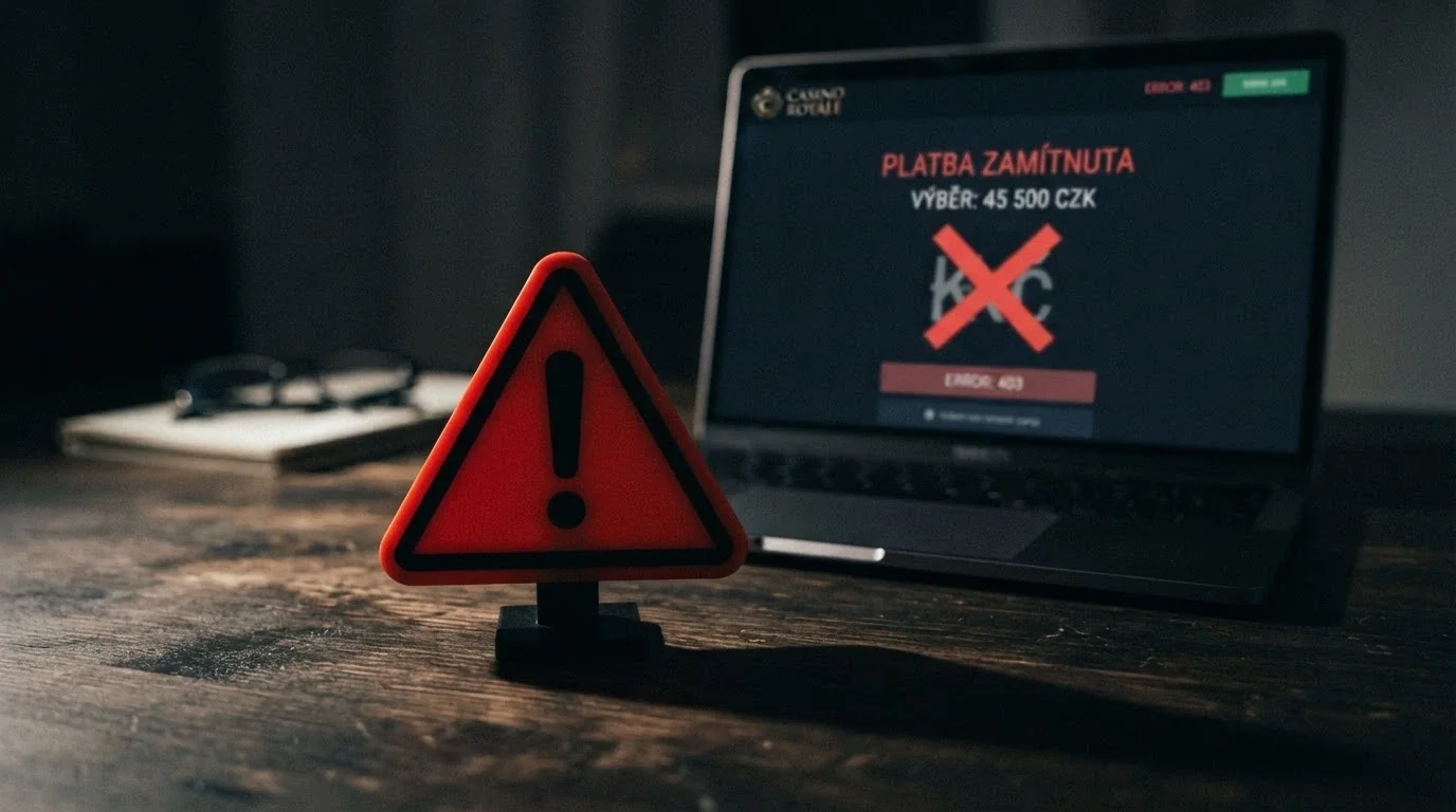 Výstražný symbol a ilustrace přerušené platby u webu bez české licence