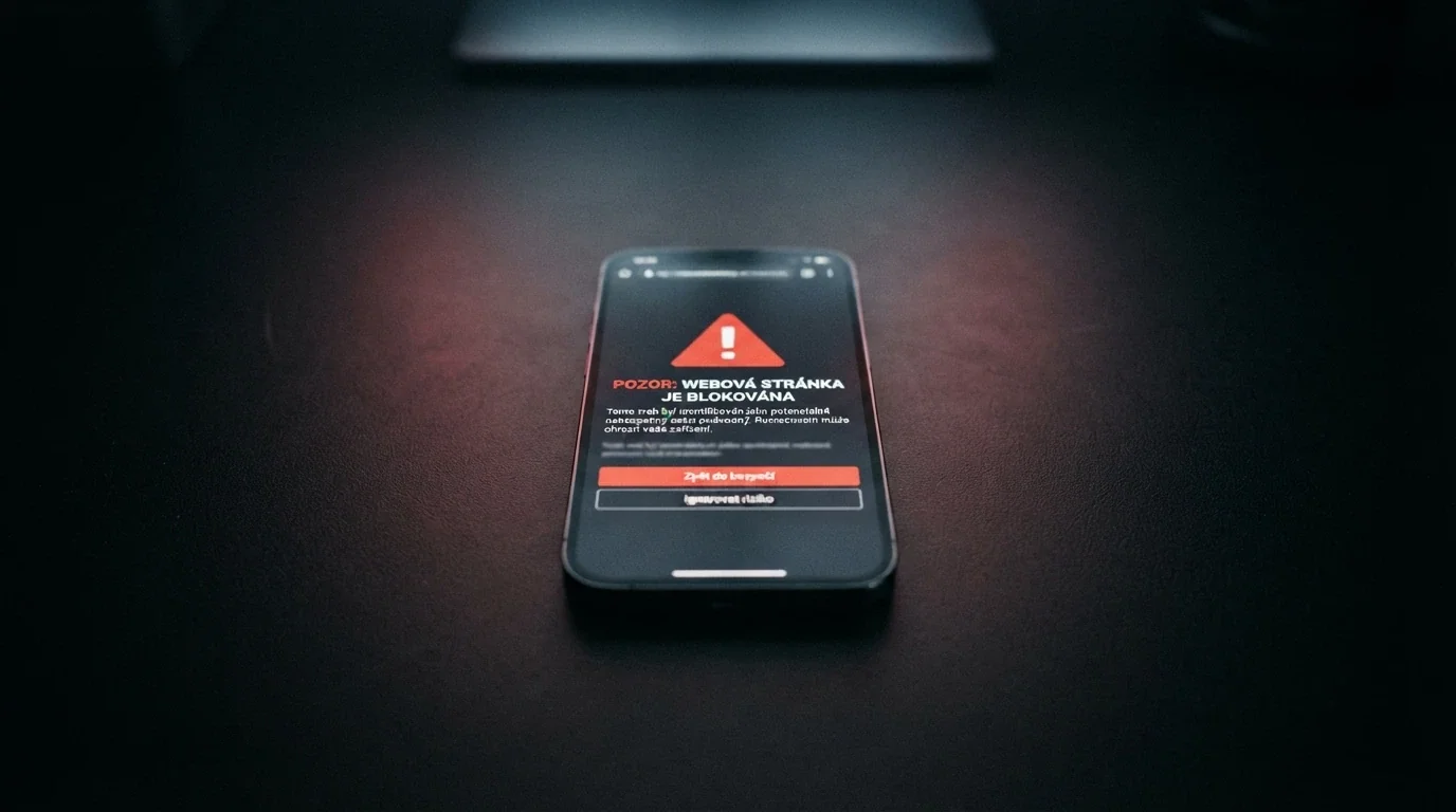 Výstražný symbol na obrazovce mobilu u webové stránky nelicencovaného online casina bez české licence