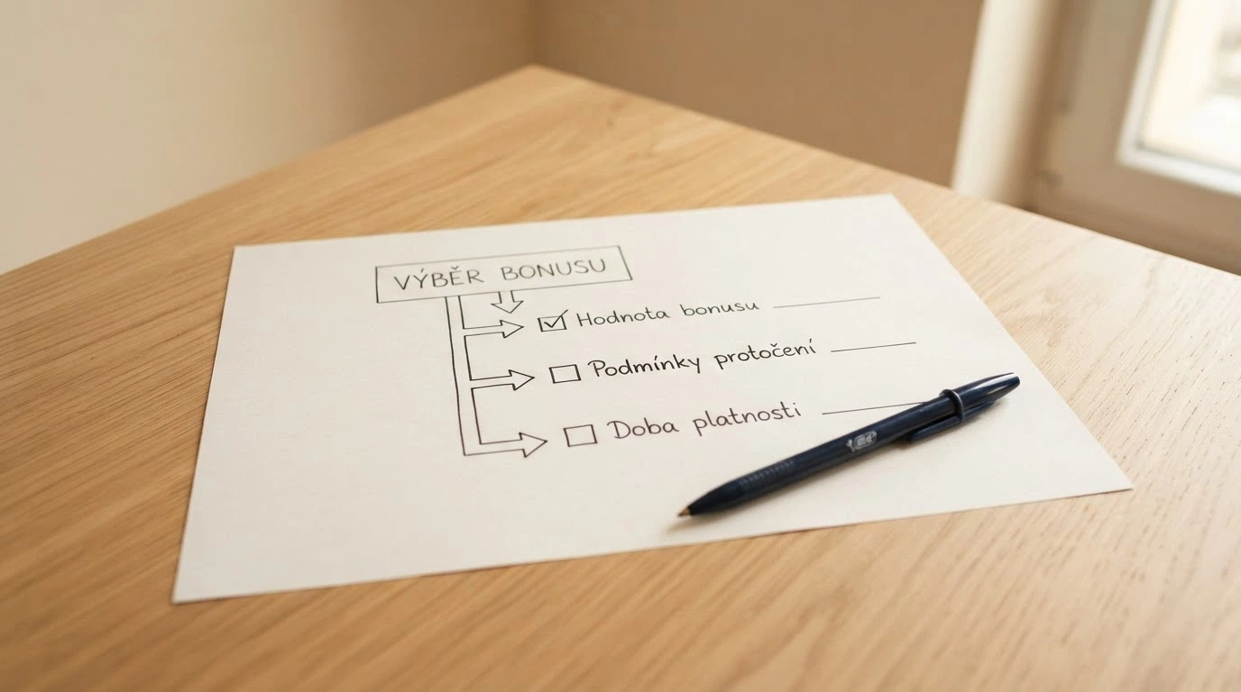 Rozhodovací diagram na papíře se třemi větvemi – hodnota bonusu, protočení, platnost – vedoucími k zaškrtávacím políčkům