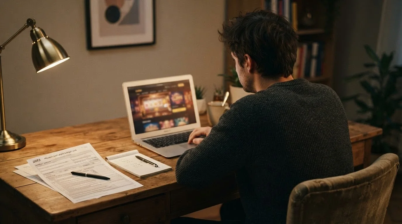 Český hráč sedící u notebooku, na stole vedle daňové přiznání a kalkulačka