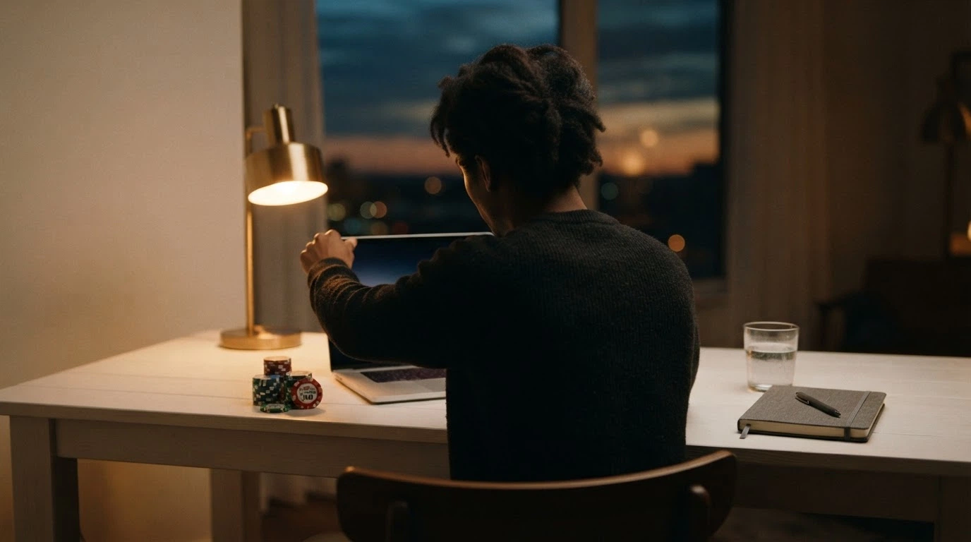 Hráč zavírá notebook a odkládá ho stranou