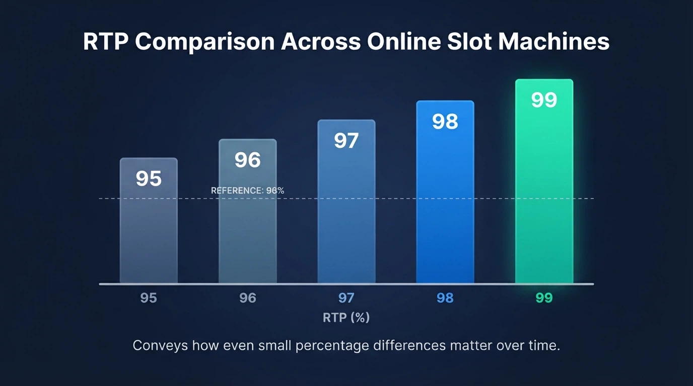 Sloupcový graf porovnávající RTP pěti online automatů — sloupce označené procenty od 95 do 99