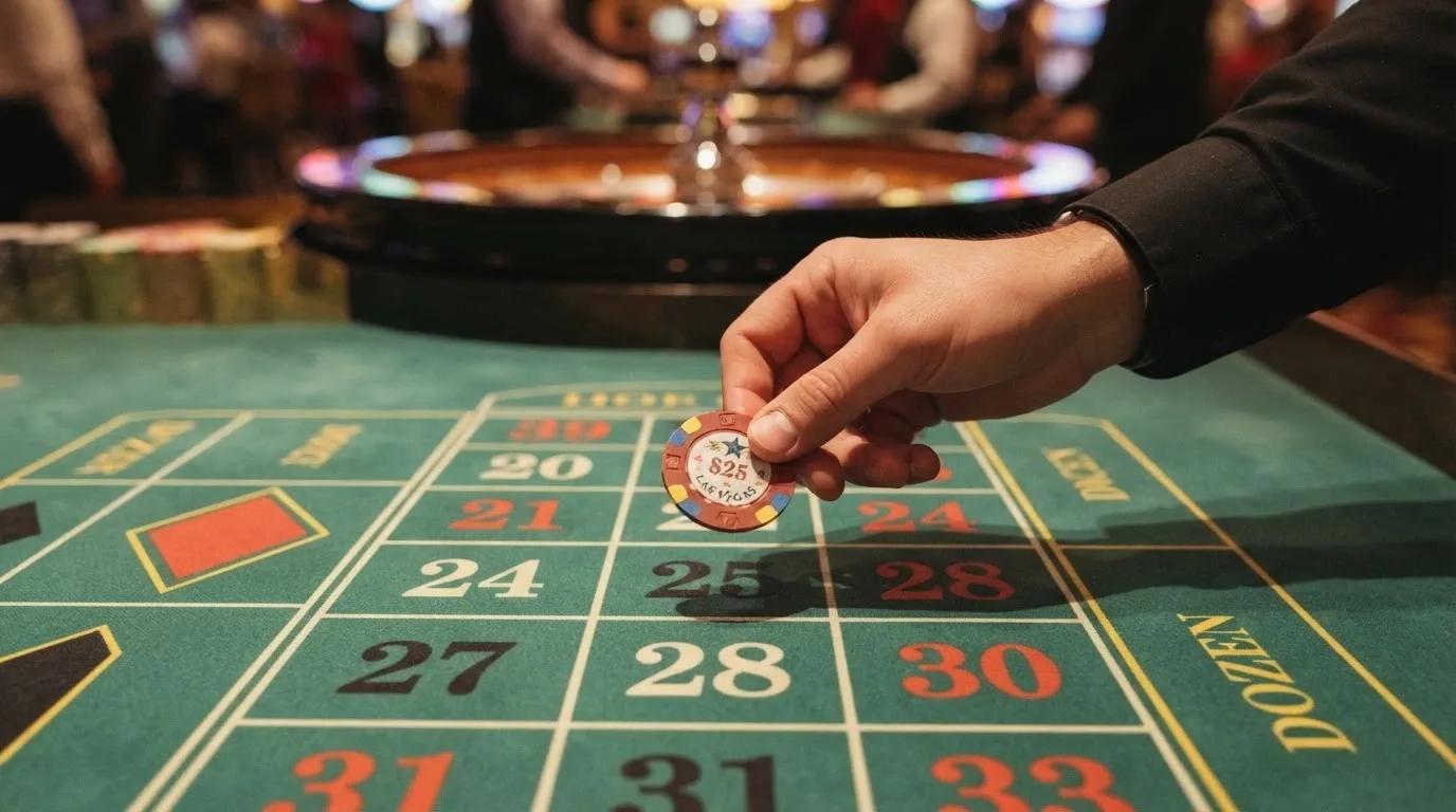Hráč pokládá žetony na sázkové pole živé rulety, detail ruky a stolu