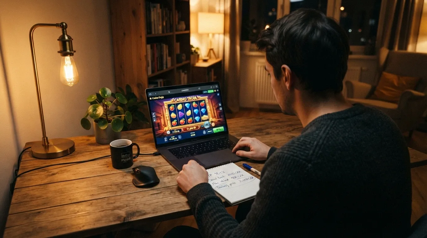Hráč u počítače s šálkem kávy, na monitoru otevřené casino a poznámkový blok s ručně psanými čísly — RTP, limit, daňová hranice