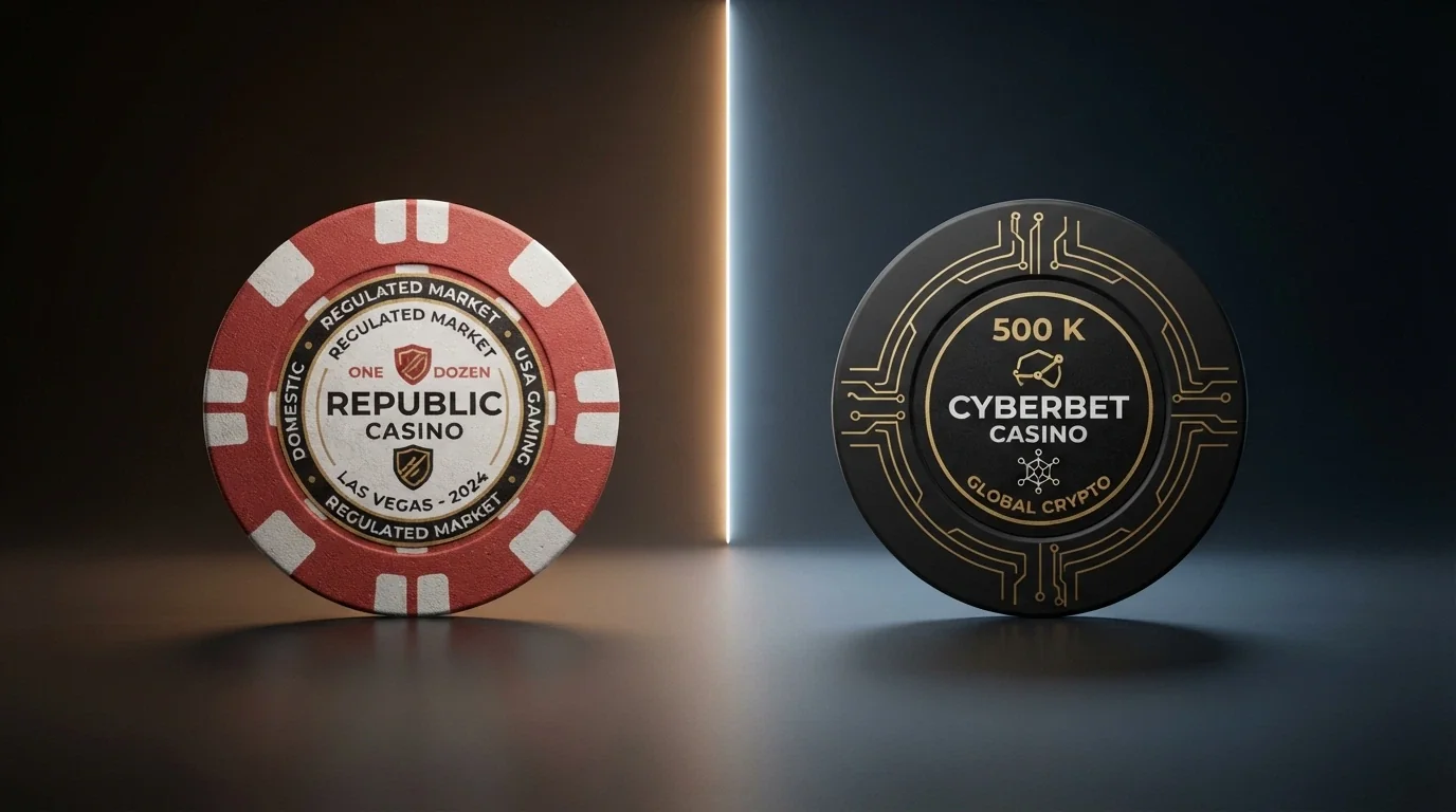 Rozdělená obrazovka — vlevo logo českého licencovaného casina s razítkem MF ČR, vpravo logo offshore krypto platformy s ikonou BTC