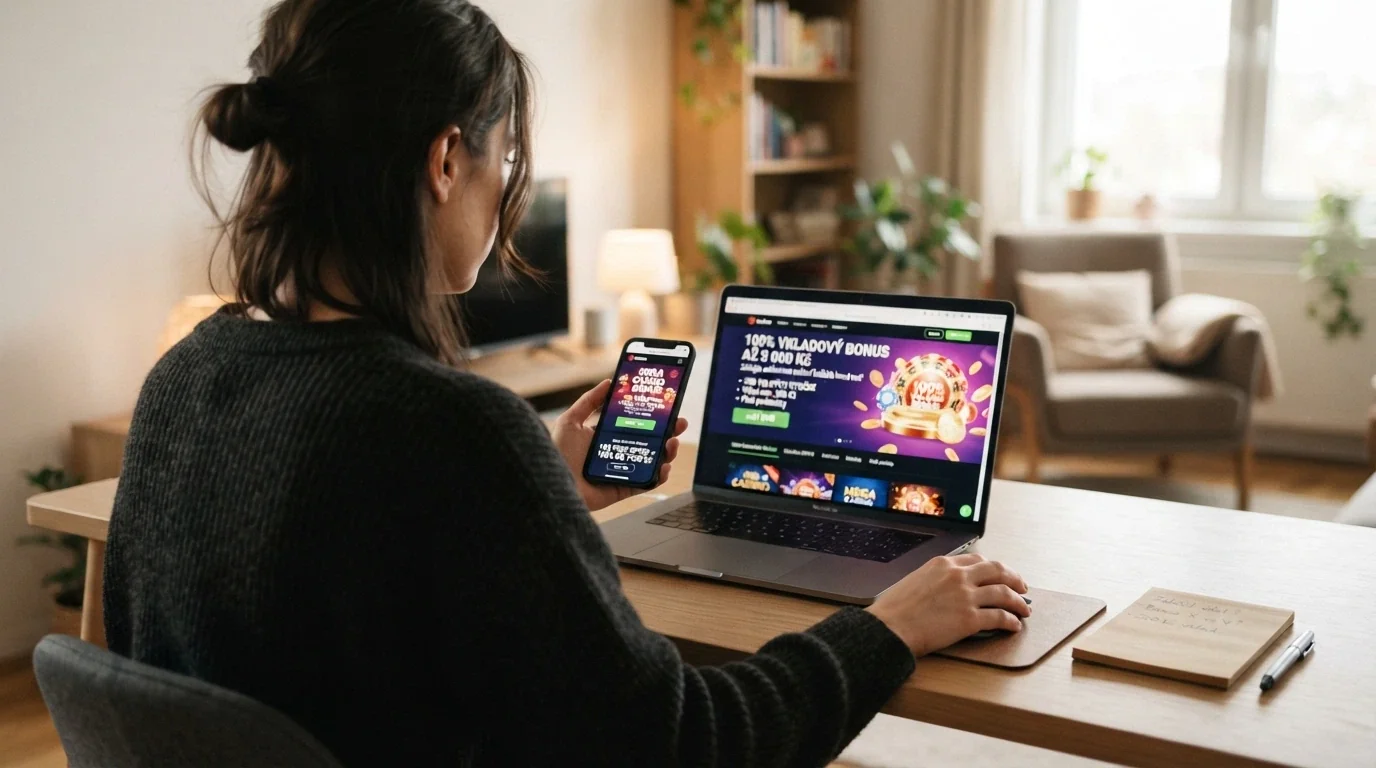 Srovnávací tabulka na monitoru s logy českých online casin řazených podle počtu free spinů zdarma