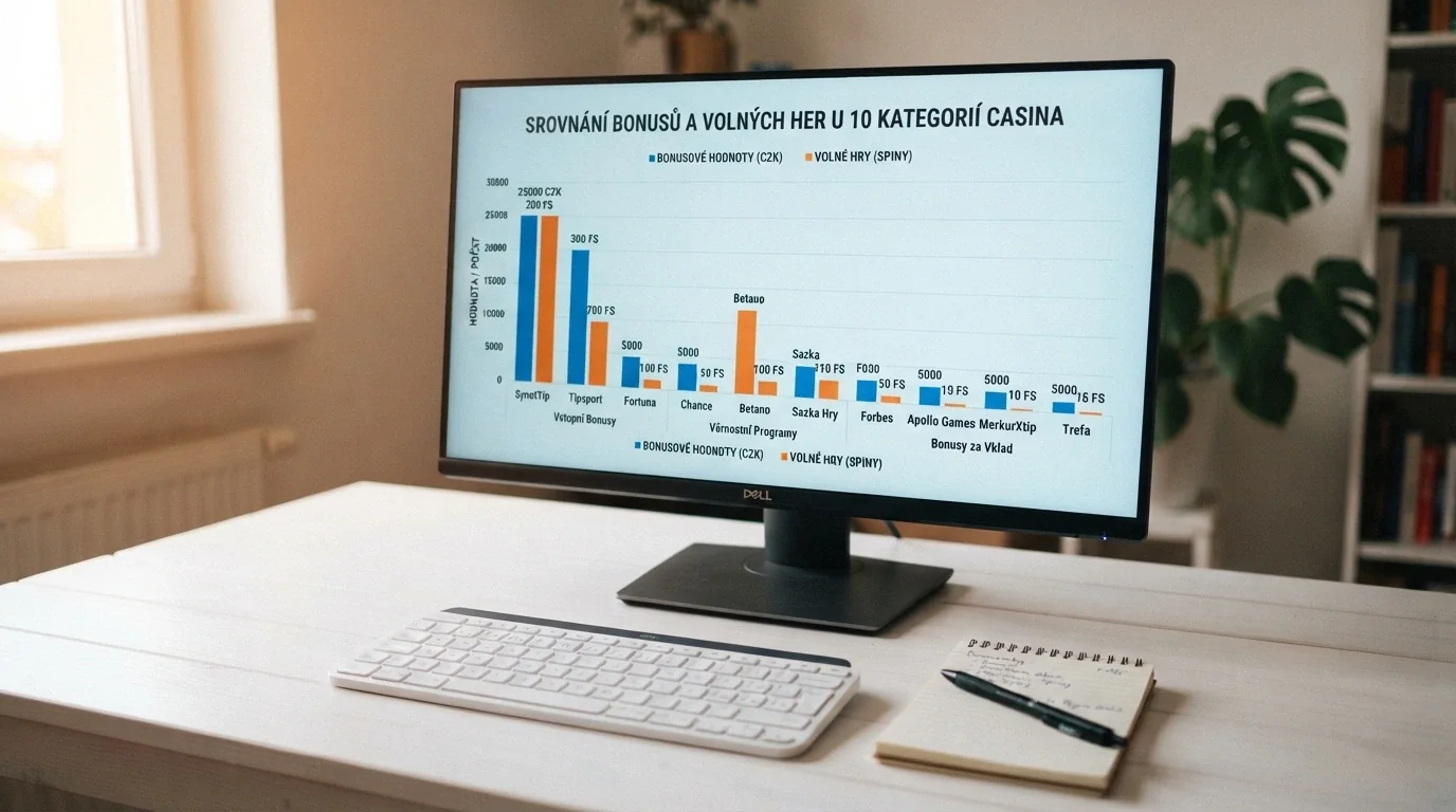 Přehledná srovnávací tabulka na monitoru s řádky operátorů a sloupci s čísly free spinů a hodnotou bonusu