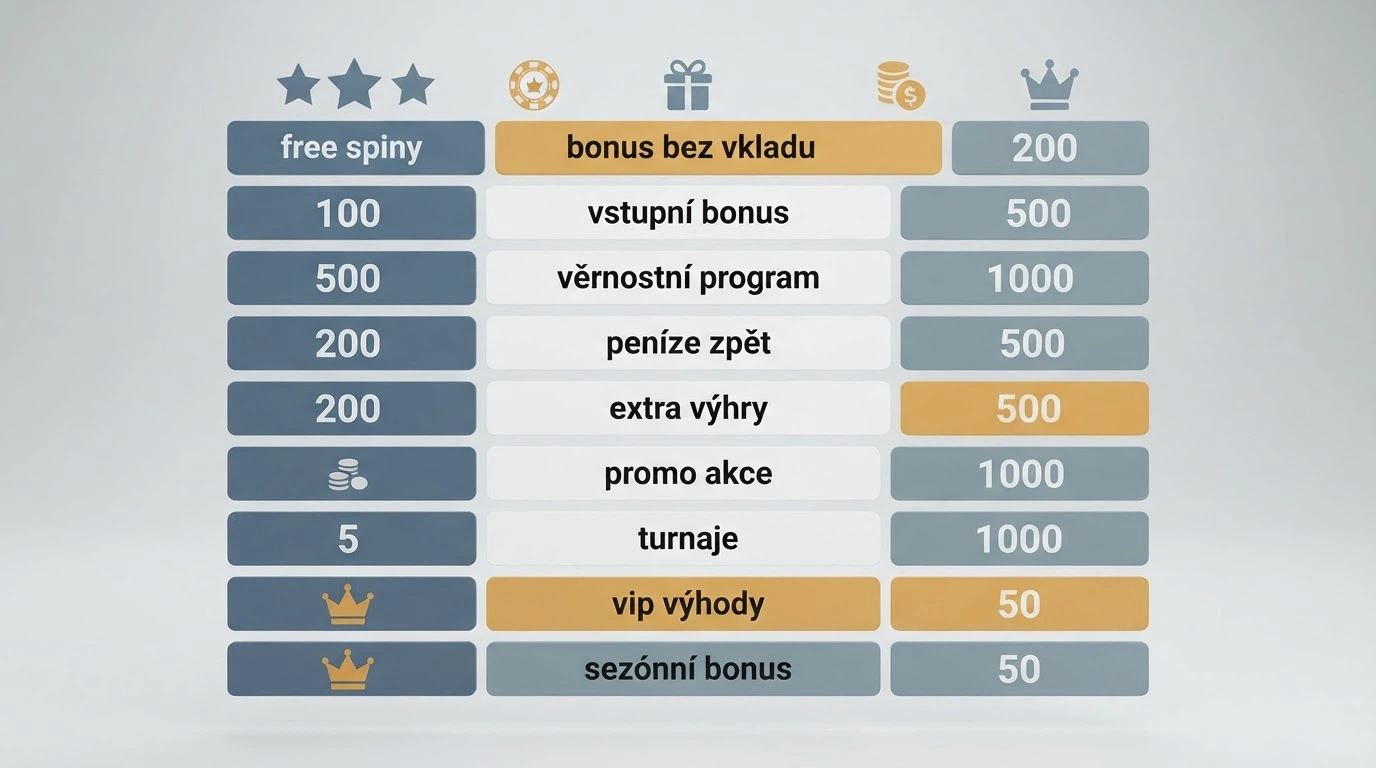 Přehledná tabulka s logy a bonusovými nabídkami deseti licencovaných online casin
