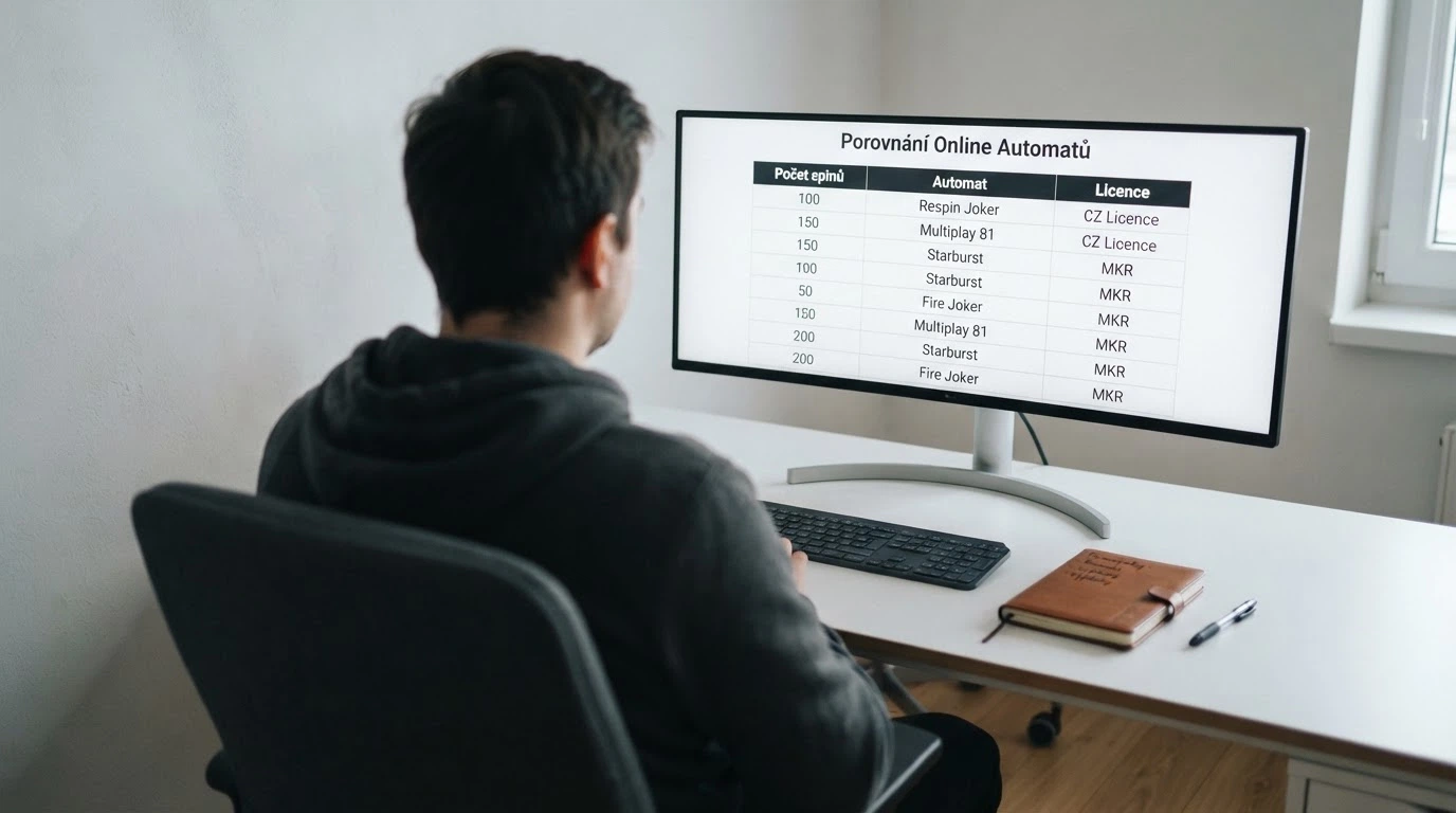 Rozložená srovnávací tabulka deseti kasin na monitoru — sloupce s počtem spinů, automatem a licencí