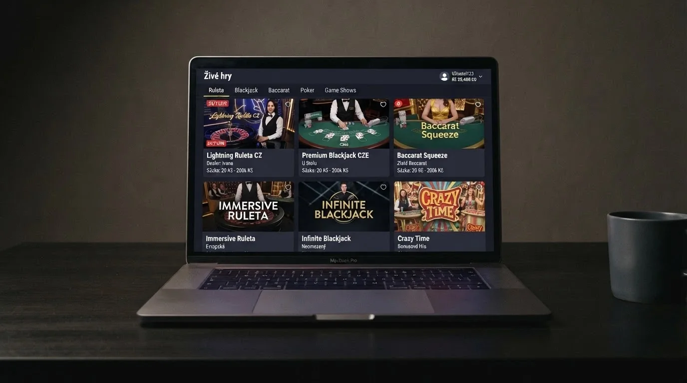 Výběr obrazovek českých live casin vedle sebe — ruleta, blackjack, lobby