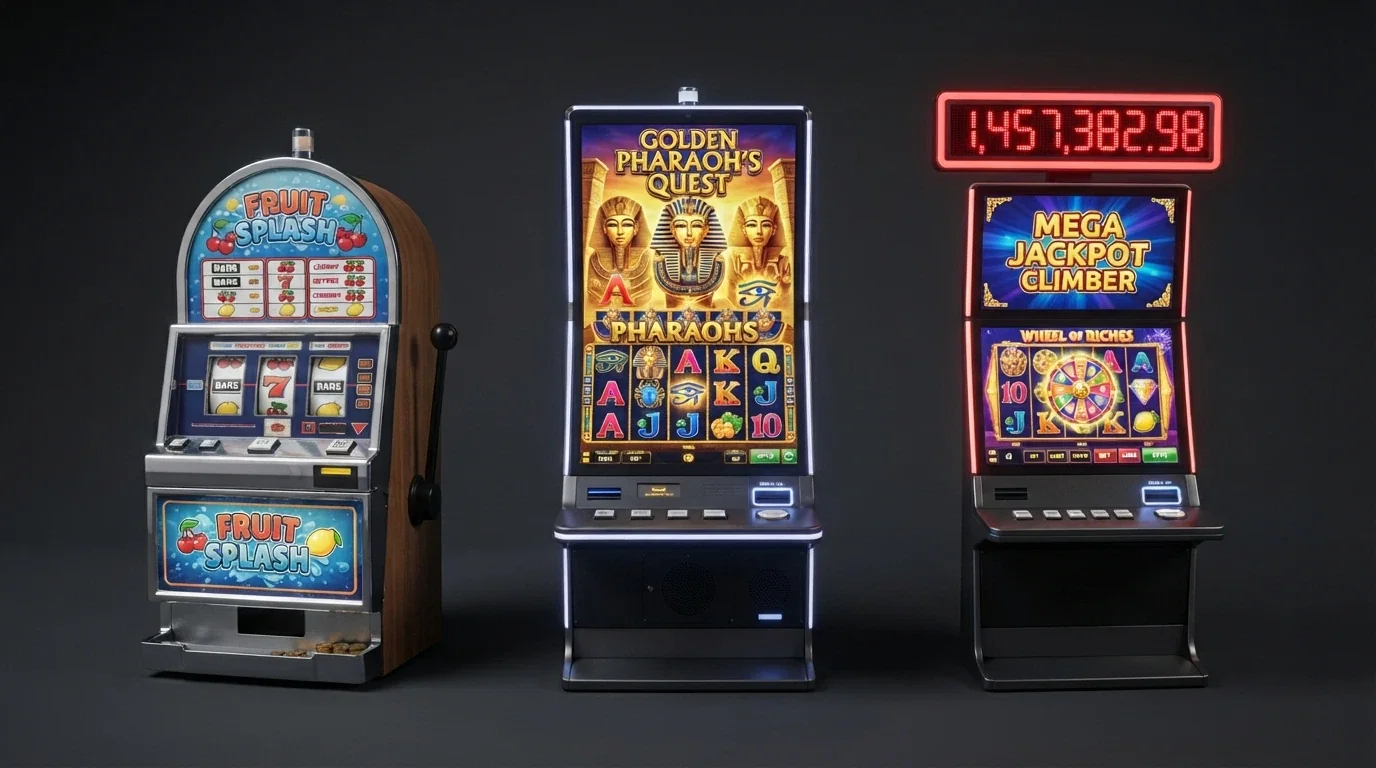Koláž tří automatů vedle sebe: klasický tříválcový ovocný, moderní pětiválcový video slot a automat s progresivním jackpotem