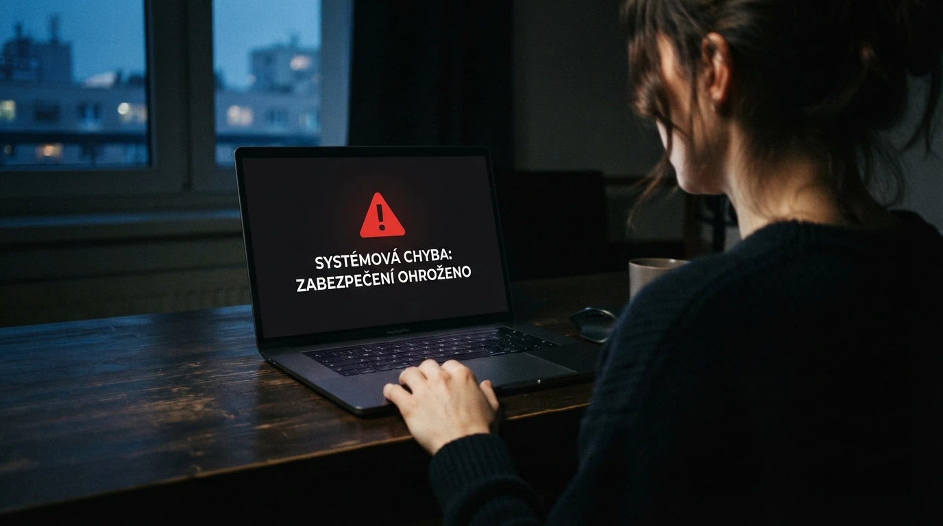Displej s výstražným symbolem, textem upozornění a logem Celní správy ČR