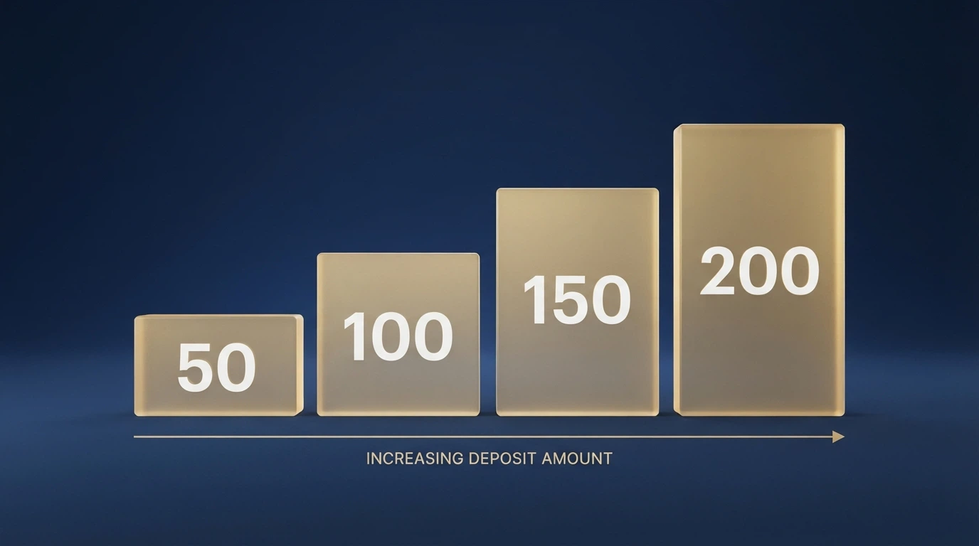 Stupnice znázorňující úrovně 50, 100, 150 a 200 free spinů podle výše prvního vkladu
