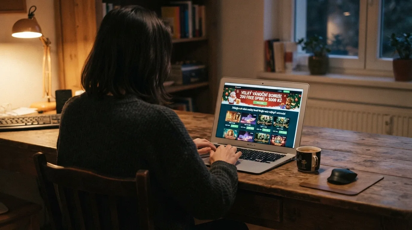 hráč u notebooku prohlíží sekci bonusů v online casinu, na obrazovce zvýrazněná nabídka volných otoček