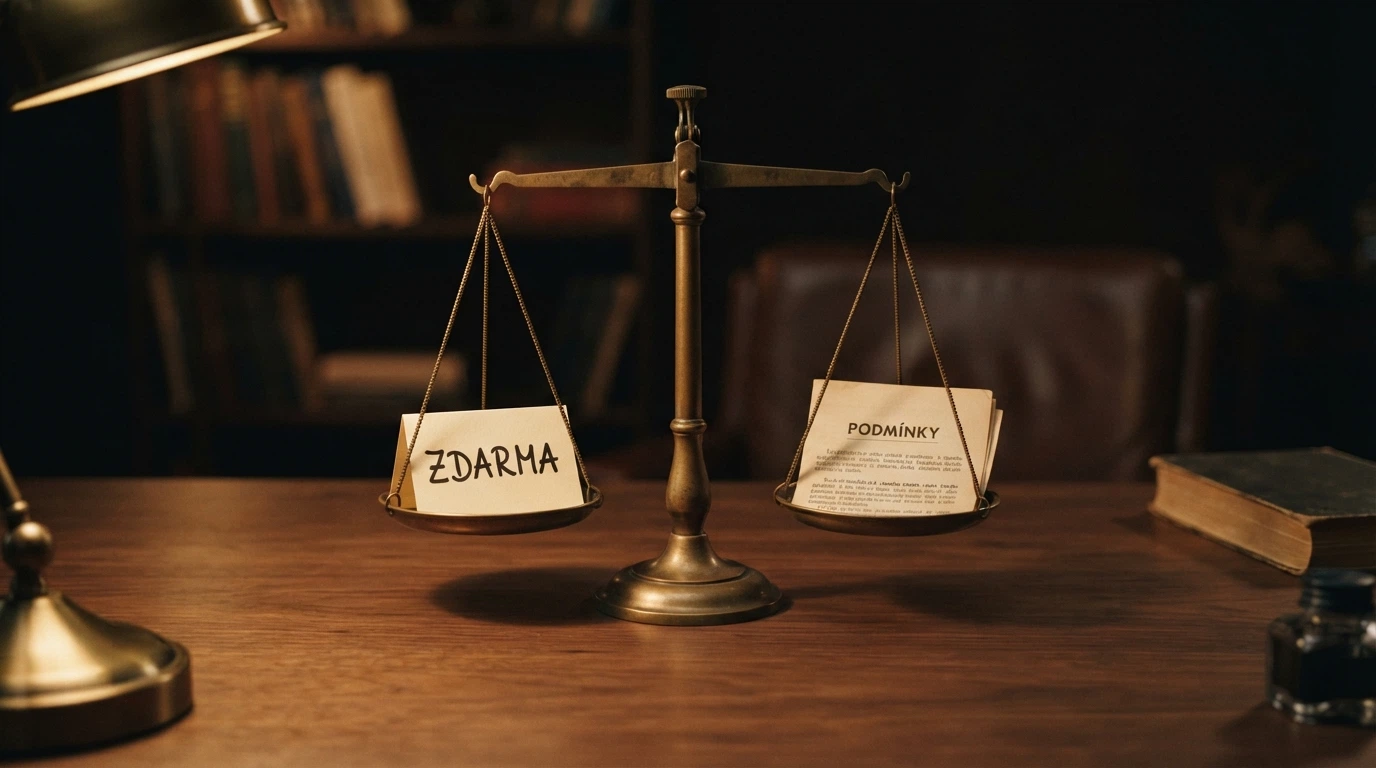 Vyvážené váhy — na jedné misce promo kód s nápisem „zdarma“, na druhé misce listina s nadpisem „podmínky“ — misky jsou v rovnováze