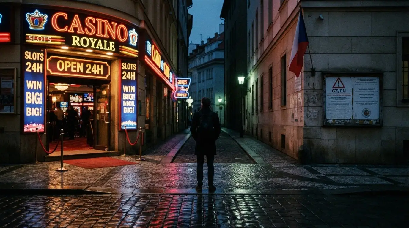 Rozcestník se dvěma směry — vlevo zářivé logo zahraničního casina, vpravo česká vlajka a nápis MF ČR s varovným vykřičníkem