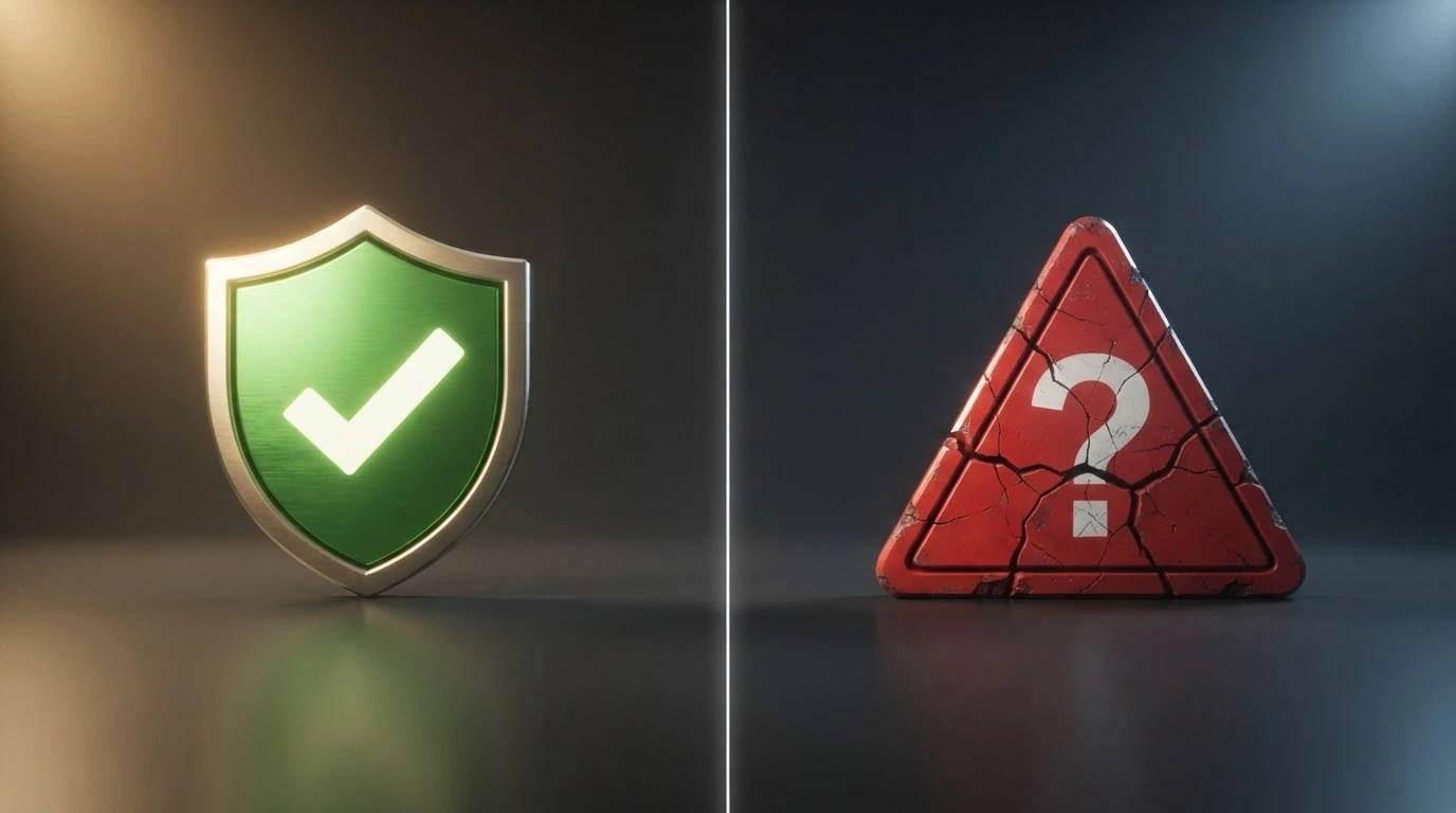 Rozdělená obrazovka — vlevo logo českého licencovaného casina s razítkem MF ČR, vpravo anonymní logo s varovným symbolem a otazníkem