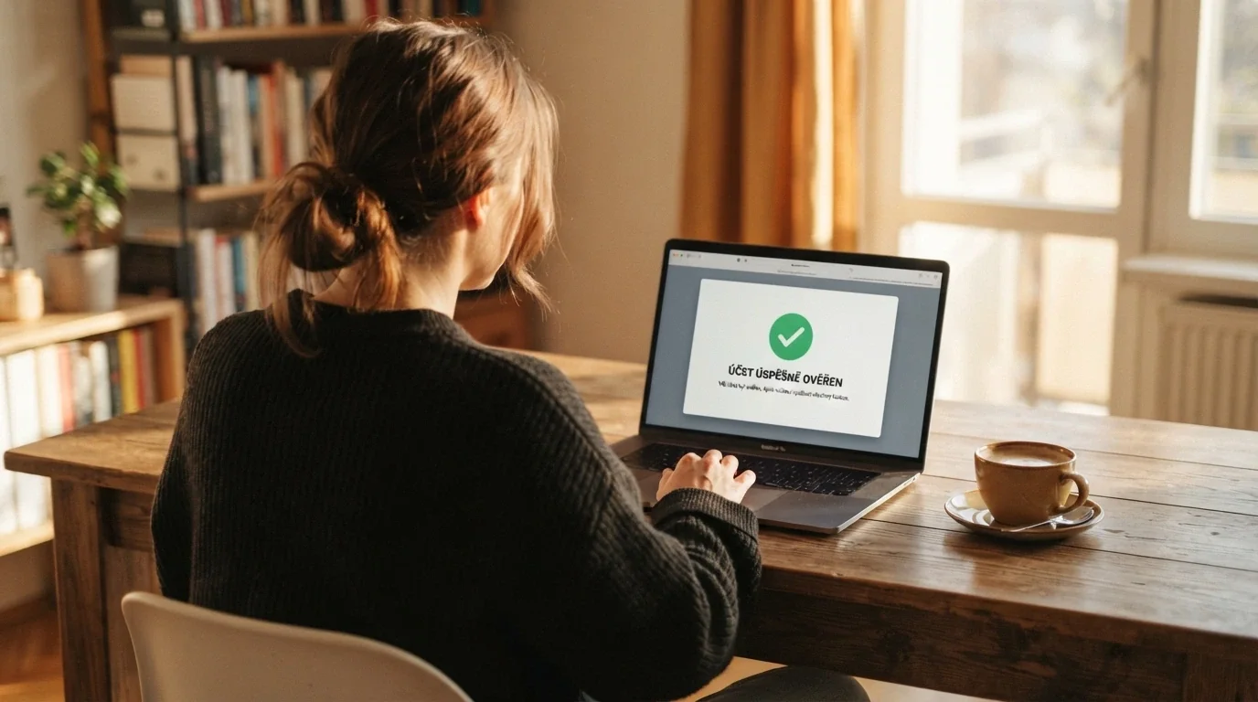 Hráč u notebooku s klidným výrazem, na obrazovce potvrzený ověřený účet v českém online casinu