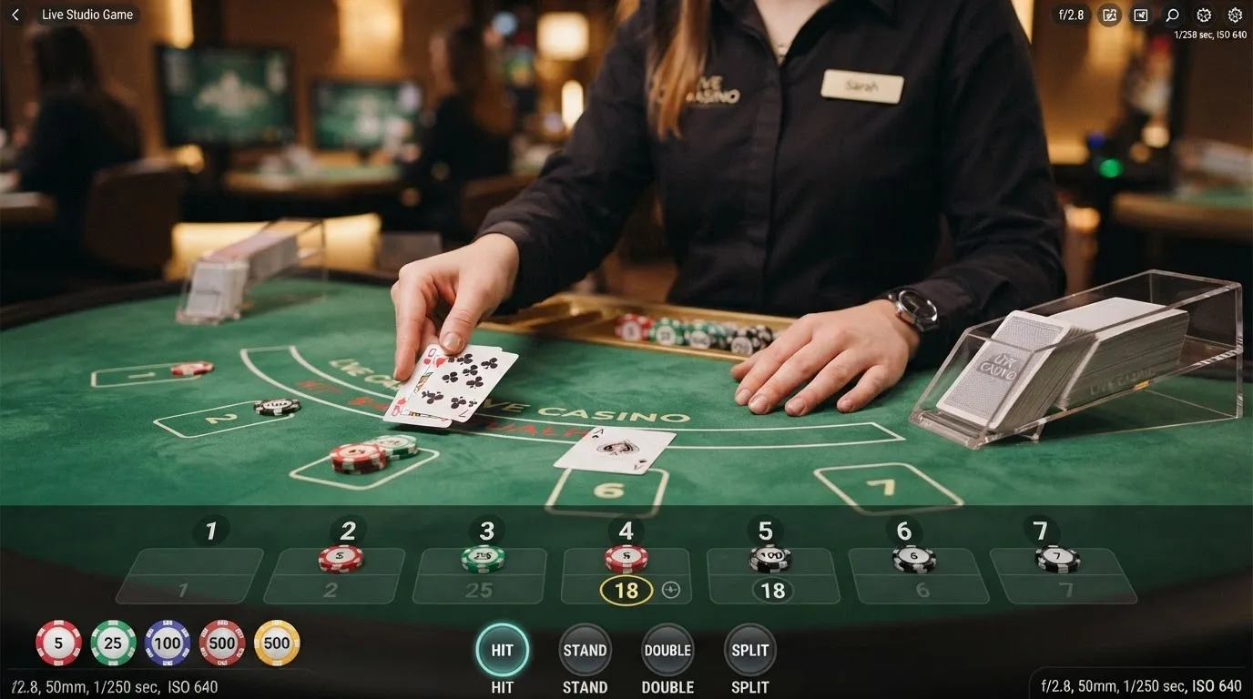 Detail živého krupiéra u blackjackového stolu s kartami a sázkovými poli na obrazovce