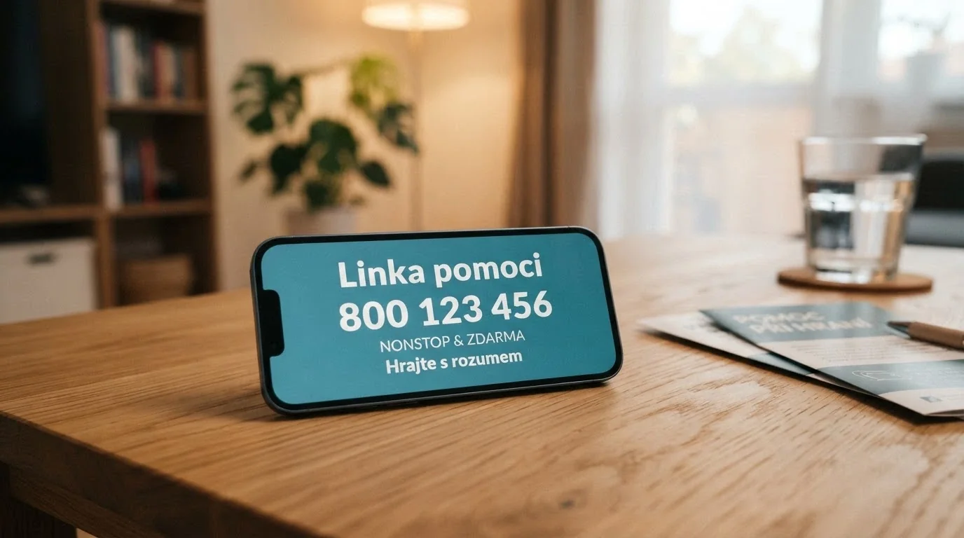 Telefonní linka pomoci nebo informační leták Zodpovědného hraní v českém jazyce