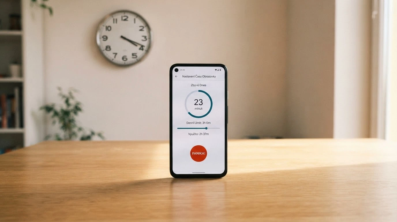 Telefon s nastaveným časovým limitem a ikonou panic button, v pozadí hodiny ukazující odpočet — klidná, ne moralizující kompozice